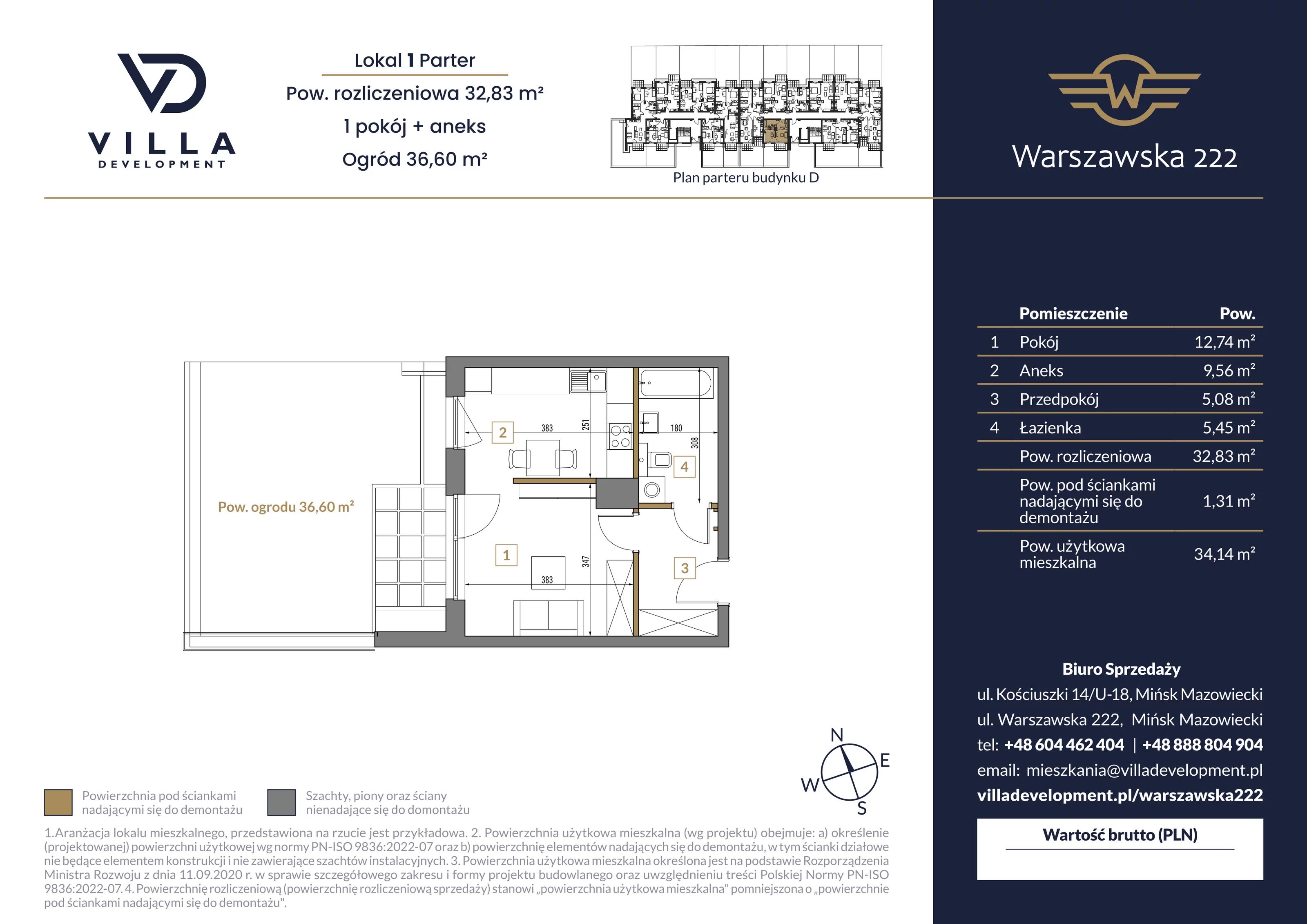 1 pokój, mieszkanie 32,83 m², parter, oferta nr D1, Warszawska 222, Mińsk Mazowiecki, ul. Warszawska 222