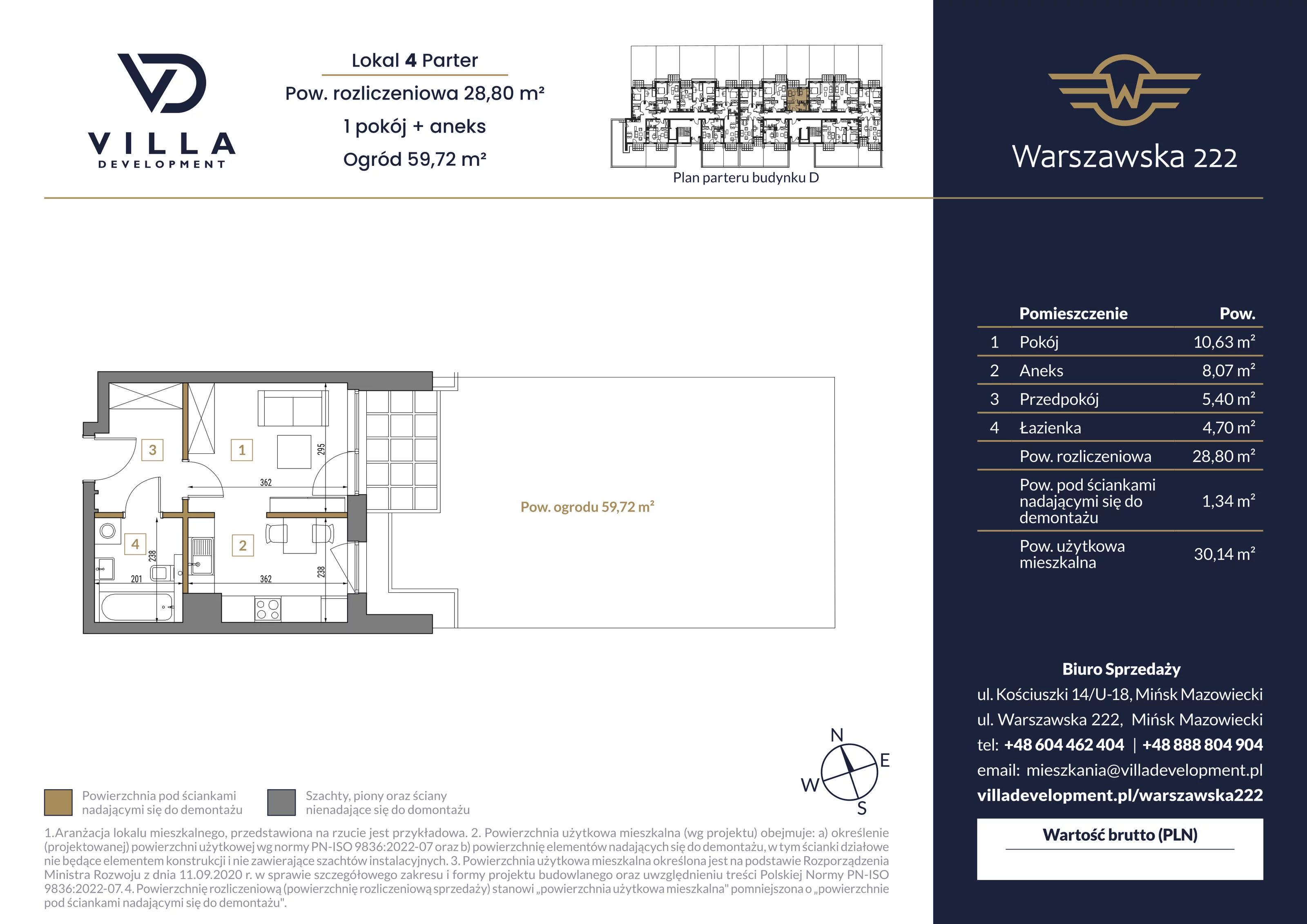 1 pokój, mieszkanie 28,80 m², parter, oferta nr D4, Warszawska 222, Mińsk Mazowiecki, ul. Warszawska 222