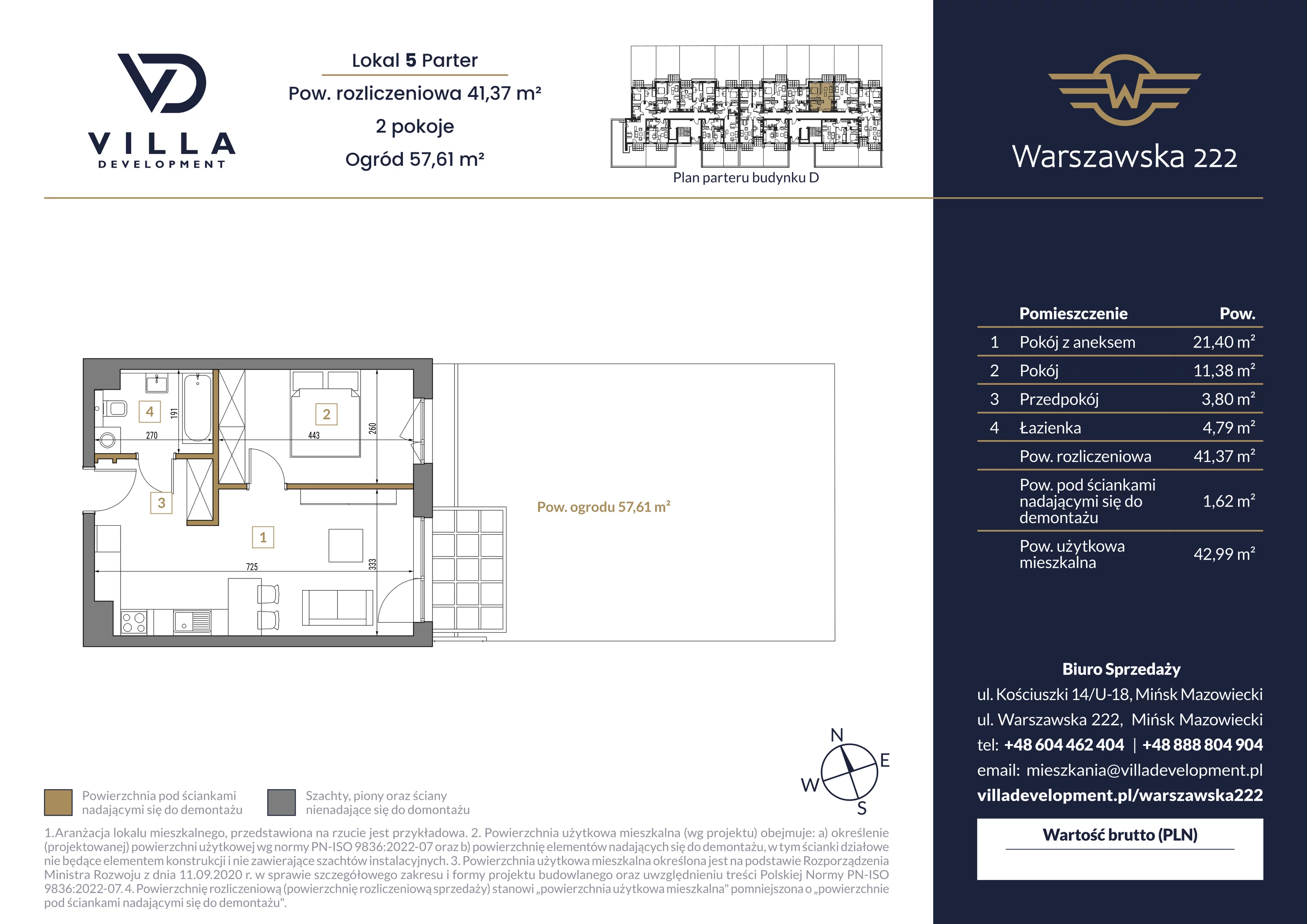 2 pokoje, mieszkanie 41,37 m², parter, oferta nr D5, Warszawska 222, Mińsk Mazowiecki, ul. Warszawska 222