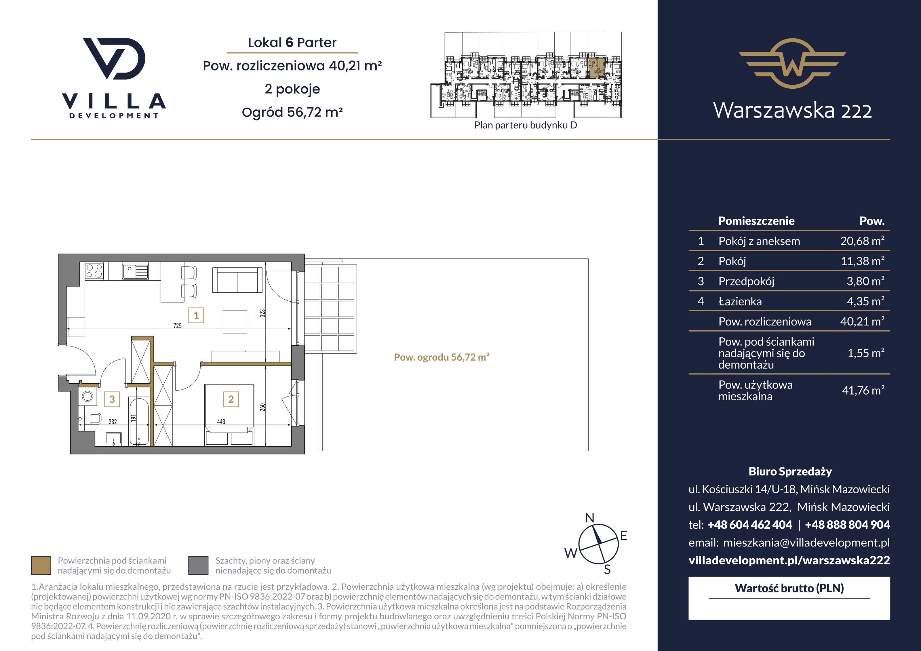 2 pokoje, mieszkanie 40,21 m², parter, oferta nr D6, Warszawska 222, Mińsk Mazowiecki, ul. Warszawska 222