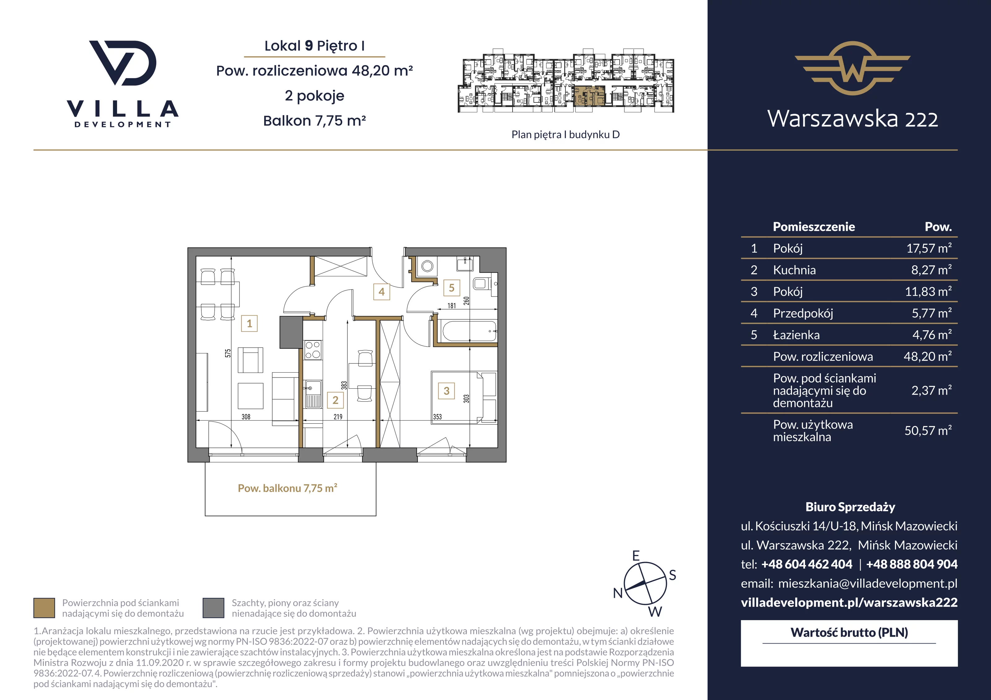 2 pokoje, mieszkanie 48,20 m², piętro 1, oferta nr D9, Warszawska 222, Mińsk Mazowiecki, ul. Warszawska 222