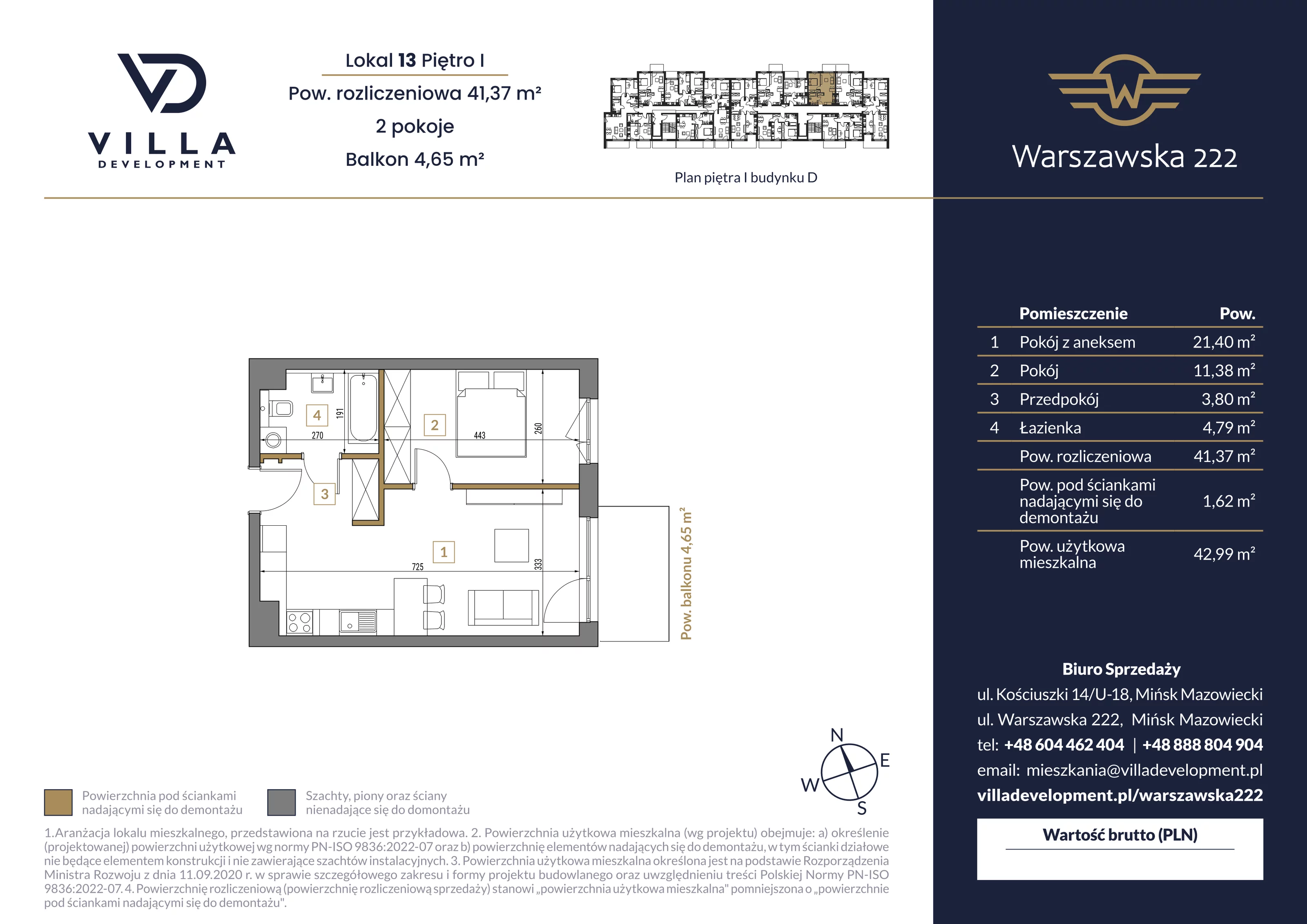 2 pokoje, mieszkanie 41,37 m², piętro 1, oferta nr D13, Warszawska 222, Mińsk Mazowiecki, ul. Warszawska 222