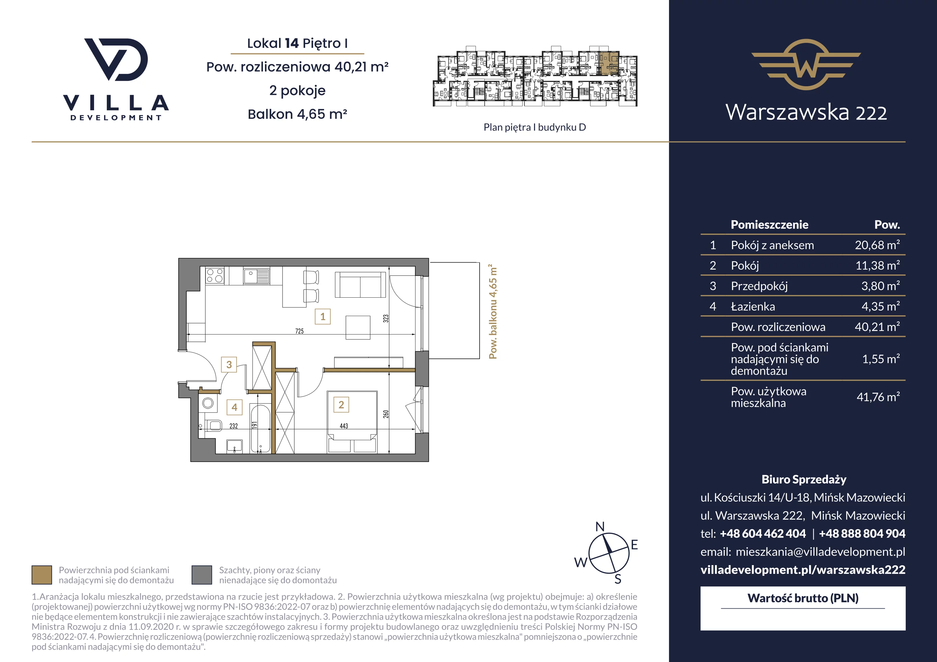 2 pokoje, mieszkanie 40,21 m², piętro 1, oferta nr D14, Warszawska 222, Mińsk Mazowiecki, ul. Warszawska 222