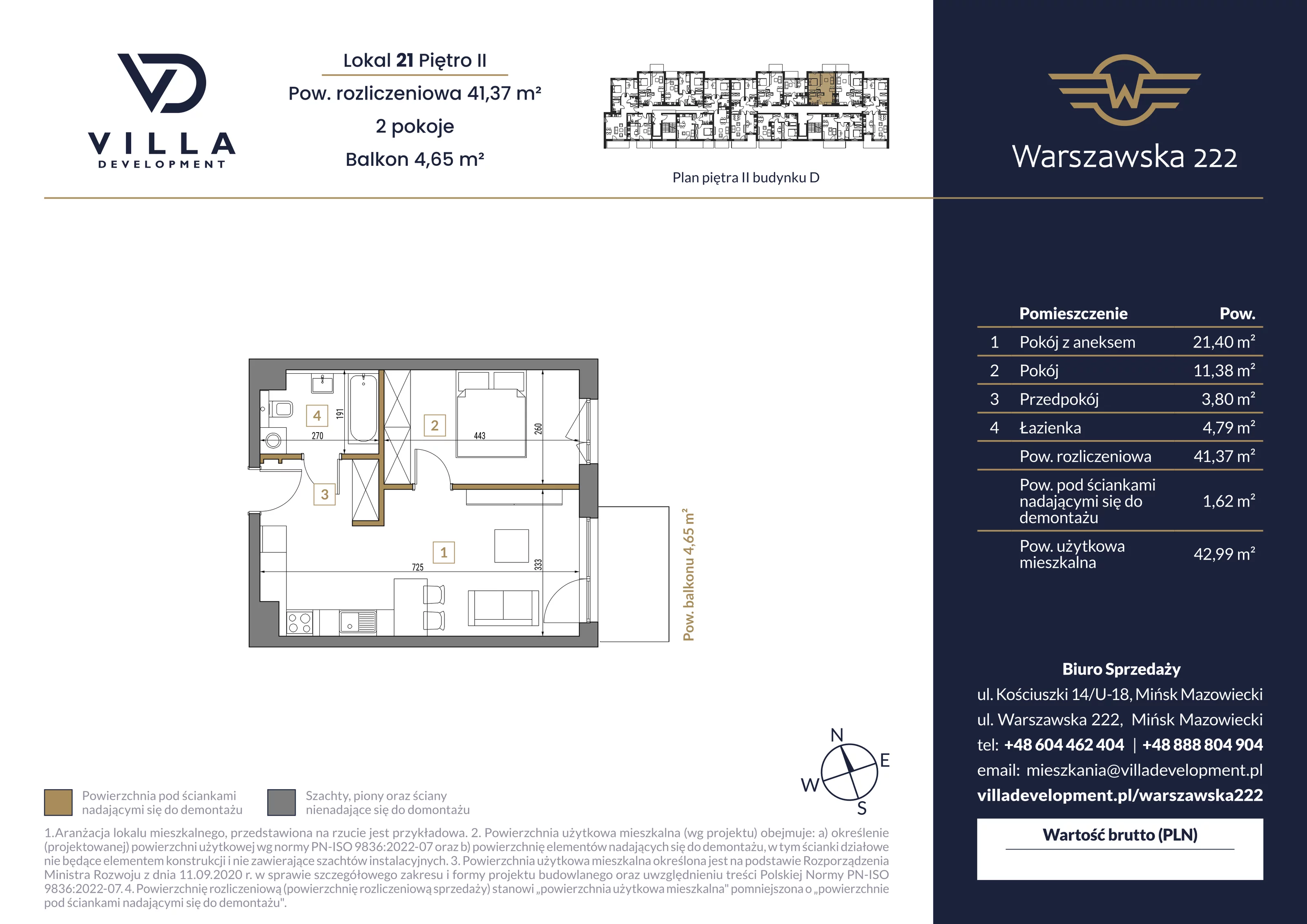 2 pokoje, mieszkanie 41,37 m², piętro 2, oferta nr D21, Warszawska 222, Mińsk Mazowiecki, ul. Warszawska 222