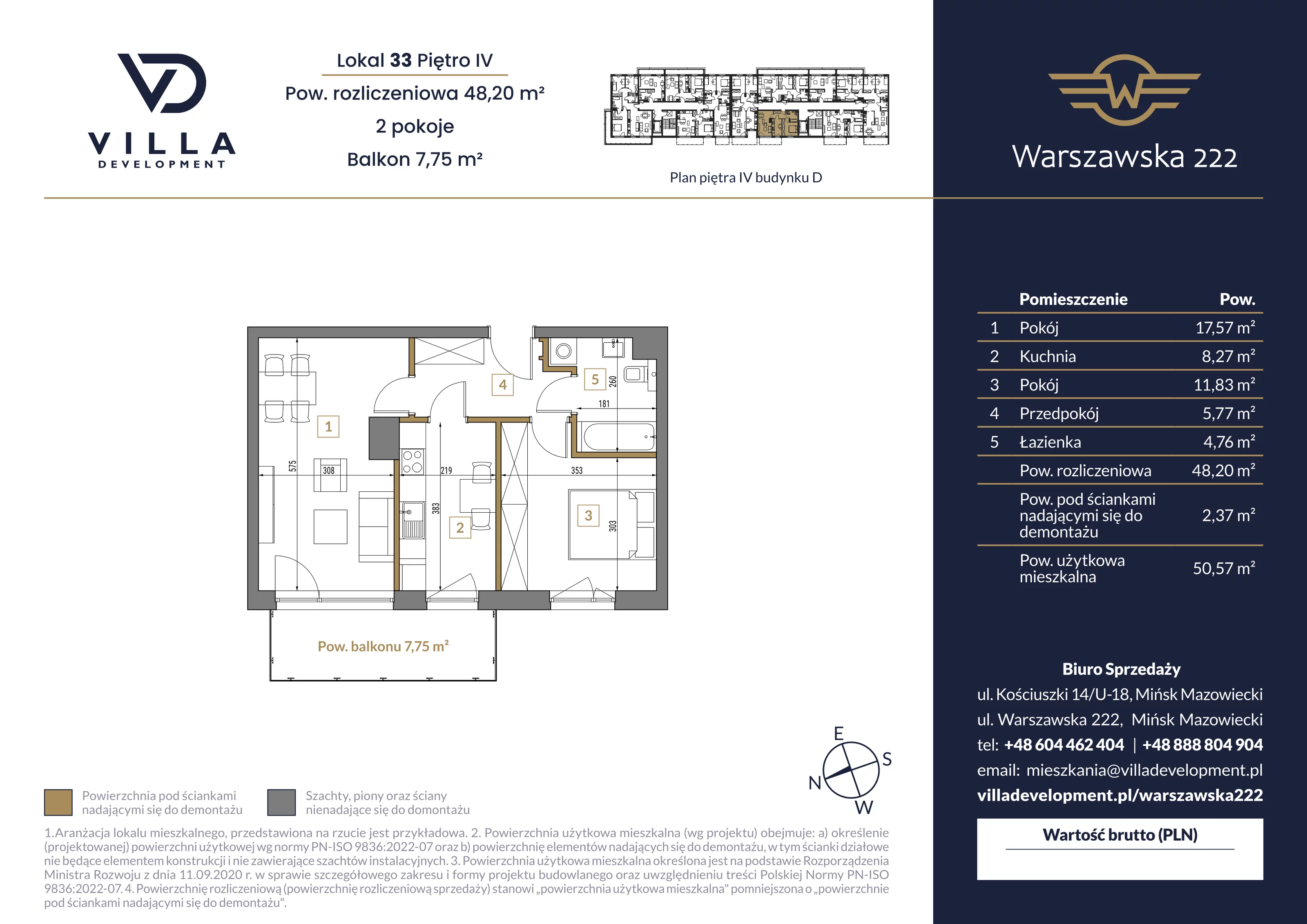 2 pokoje, mieszkanie 48,20 m², piętro 4, oferta nr D33, Warszawska 222, Mińsk Mazowiecki, ul. Warszawska 222