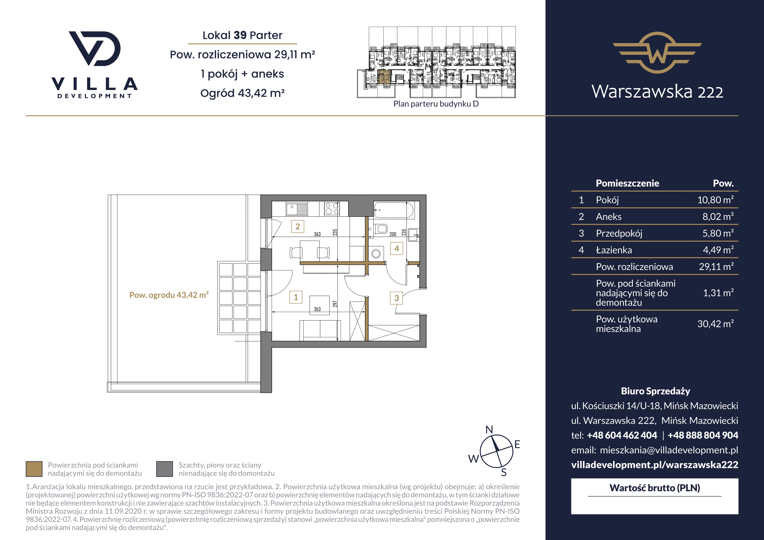 1 pokój, mieszkanie 29,11 m², parter, oferta nr D39, Warszawska 222, Mińsk Mazowiecki, ul. Warszawska 222