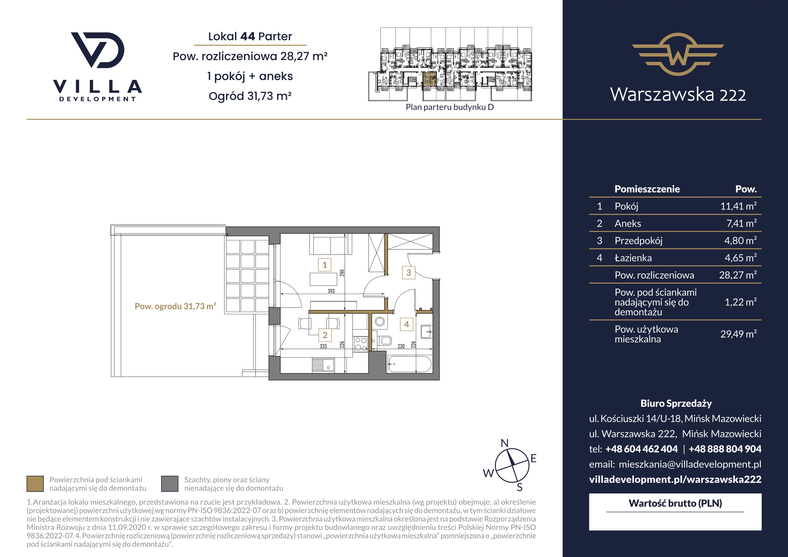 1 pokój, mieszkanie 28,27 m², parter, oferta nr D44, Warszawska 222, Mińsk Mazowiecki, ul. Warszawska 222