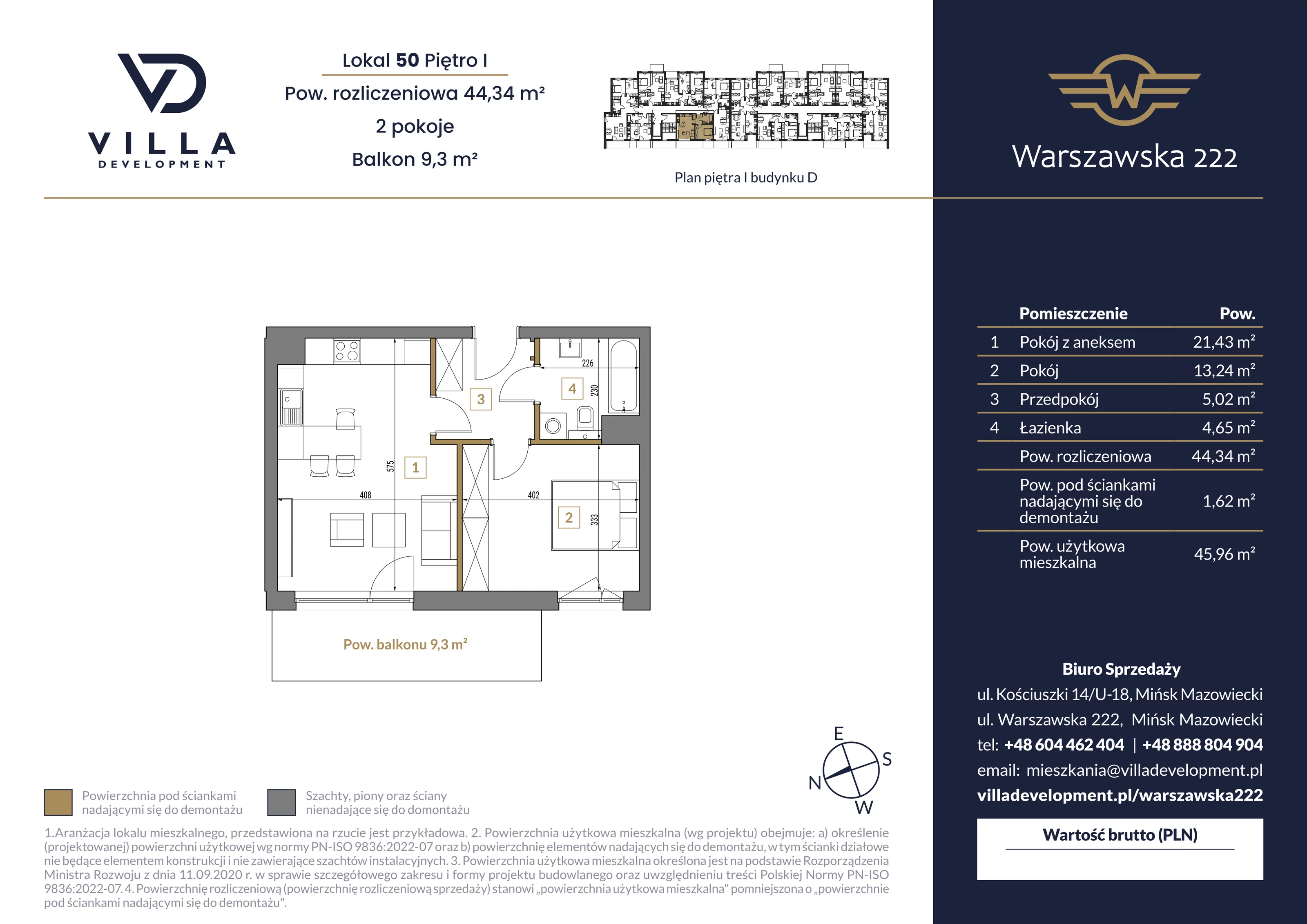 2 pokoje, mieszkanie 44,34 m², piętro 1, oferta nr D50, Warszawska 222, Mińsk Mazowiecki, ul. Warszawska 222