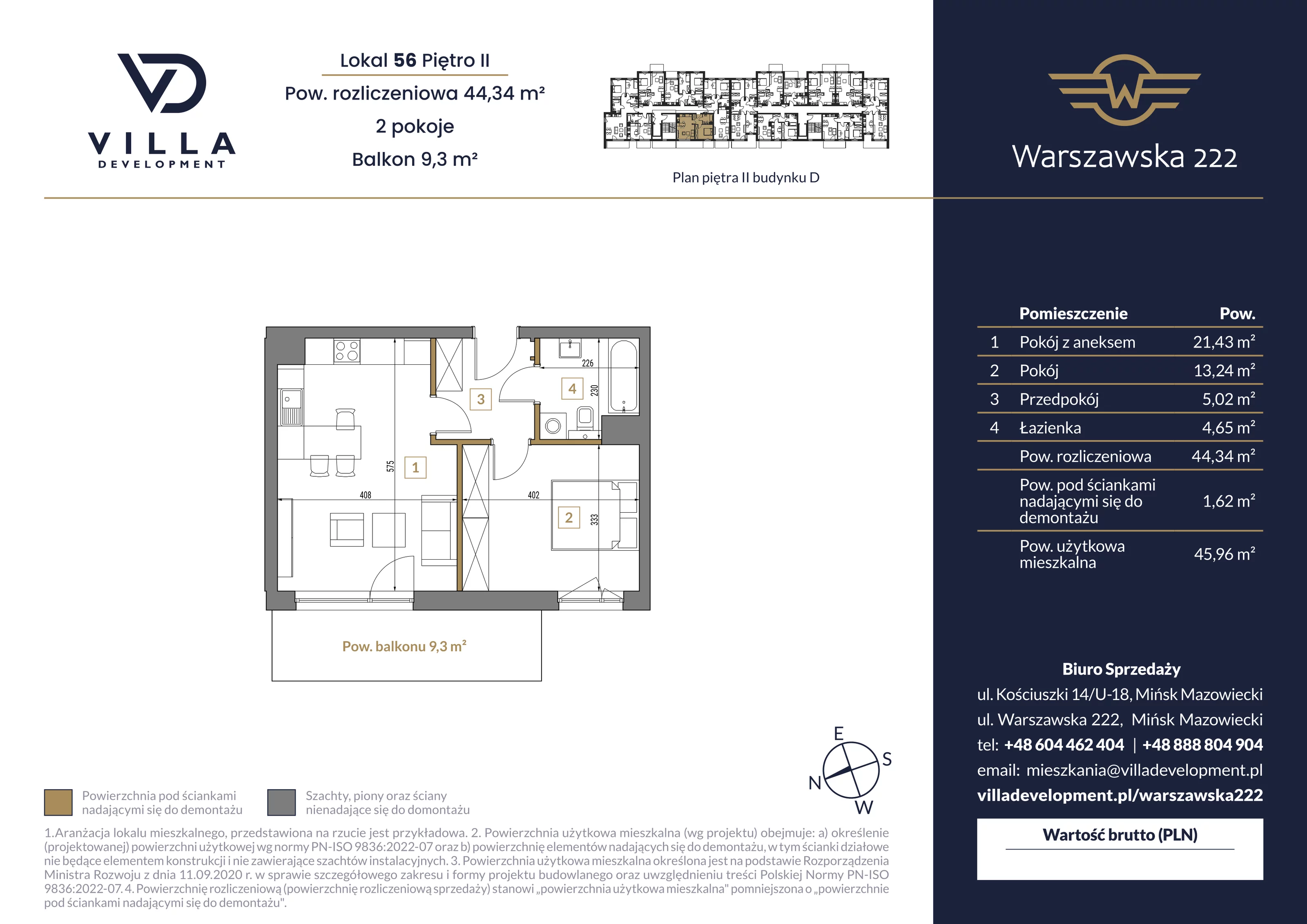 2 pokoje, mieszkanie 44,34 m², piętro 2, oferta nr D56, Warszawska 222, Mińsk Mazowiecki, ul. Warszawska 222