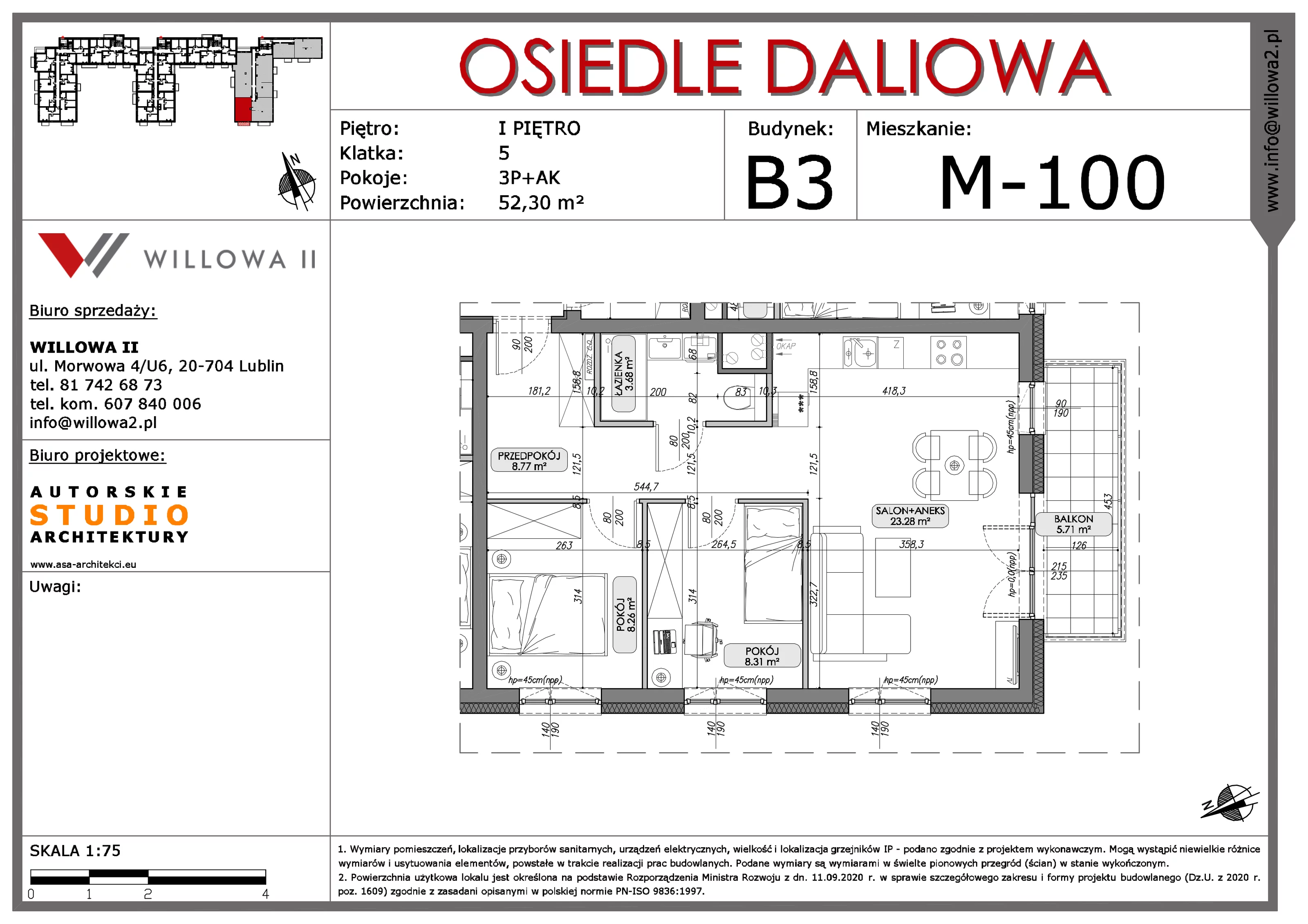 Mieszkanie 52,30 m², piętro 1, oferta nr 100, OSIEDLE DALIOWA, Lublin, Ponikwoda, ul. Daliowa