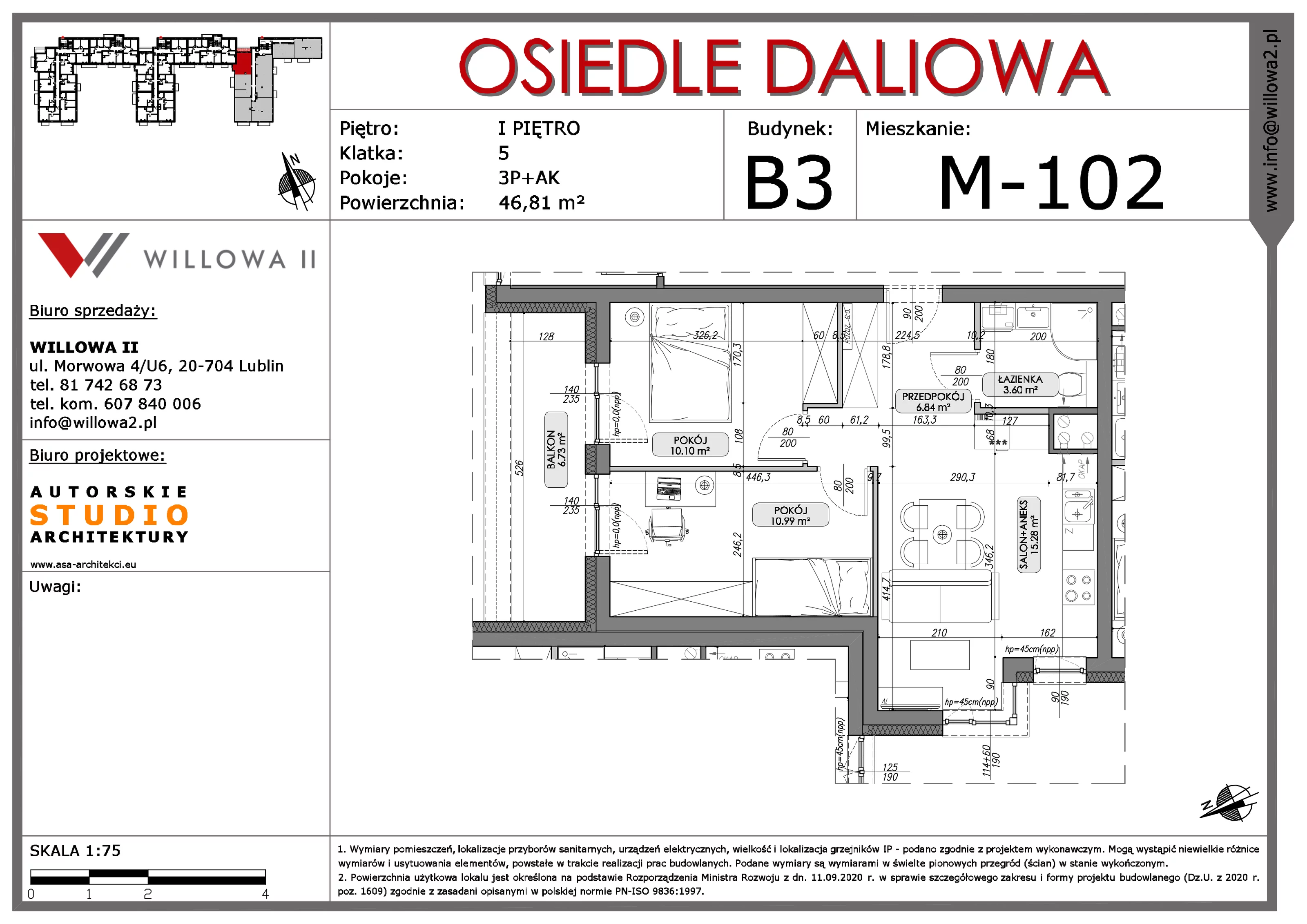 Mieszkanie 46,81 m², piętro 1, oferta nr 102, OSIEDLE DALIOWA, Lublin, Ponikwoda, ul. Daliowa