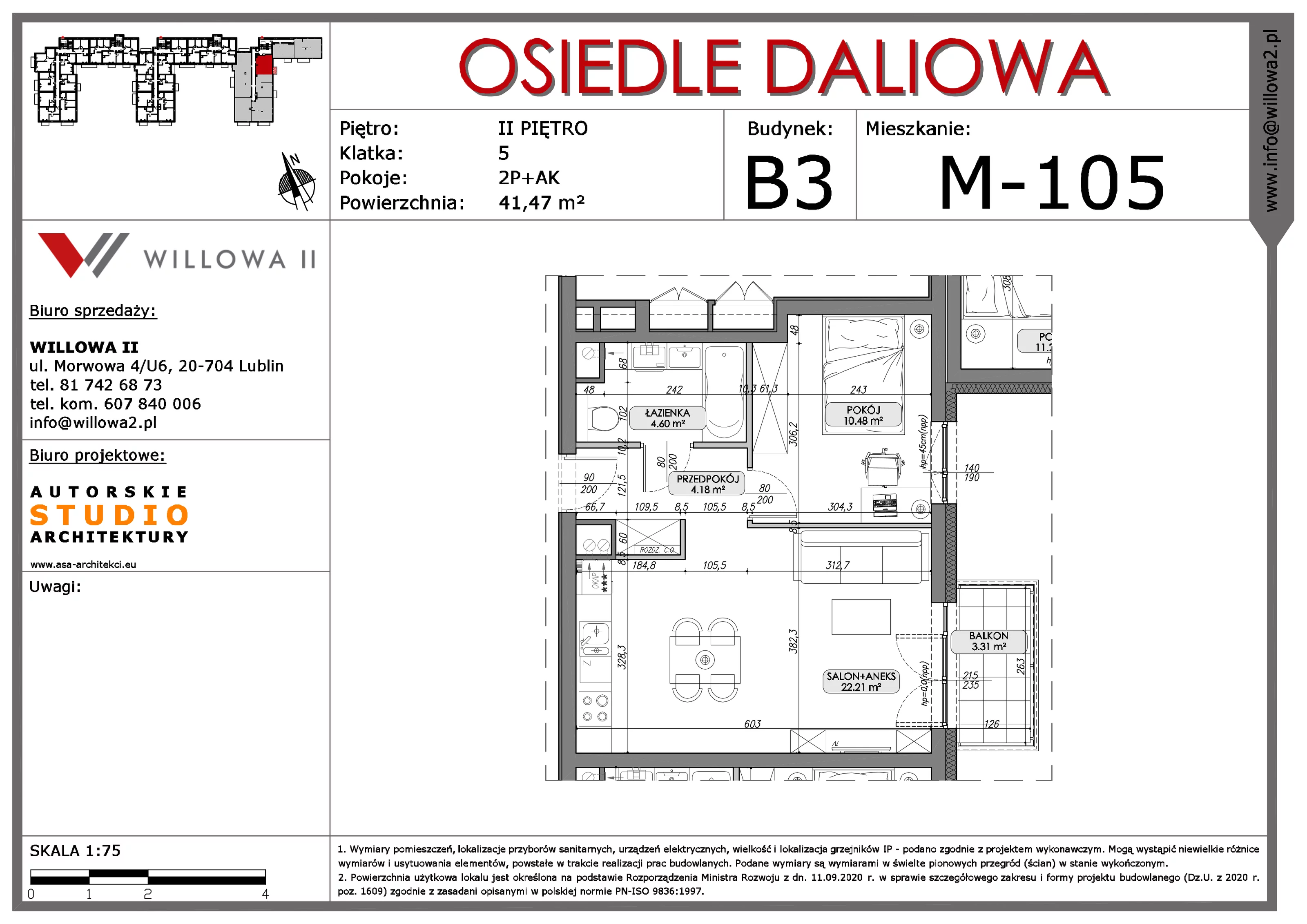 2 pokoje, mieszkanie 41,47 m², piętro 2, oferta nr 105, OSIEDLE DALIOWA, Lublin, Ponikwoda, ul. Daliowa