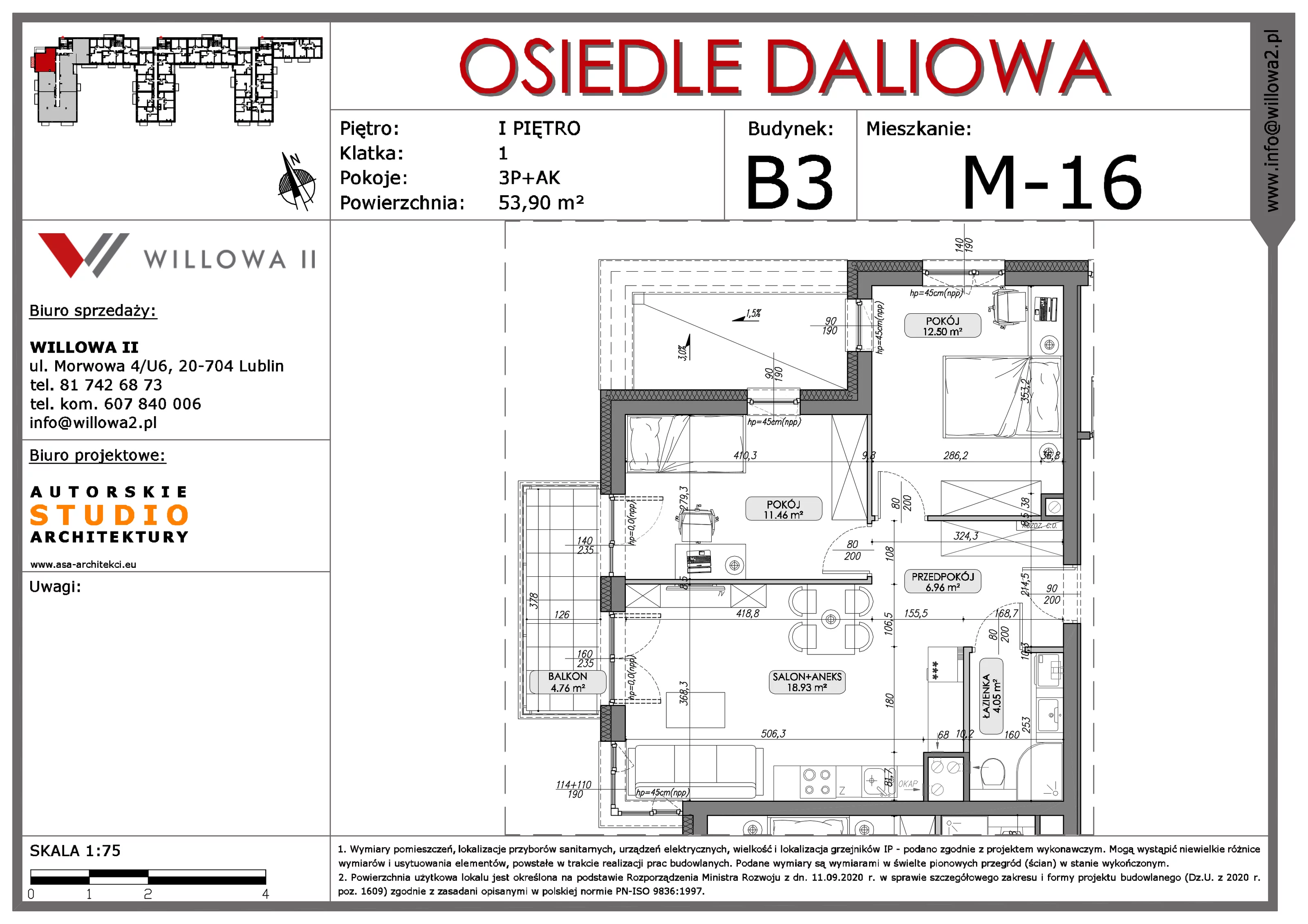 3 pokoje, mieszkanie 53,90 m², piętro 1, oferta nr 16, OSIEDLE DALIOWA, Lublin, Ponikwoda, ul. Daliowa