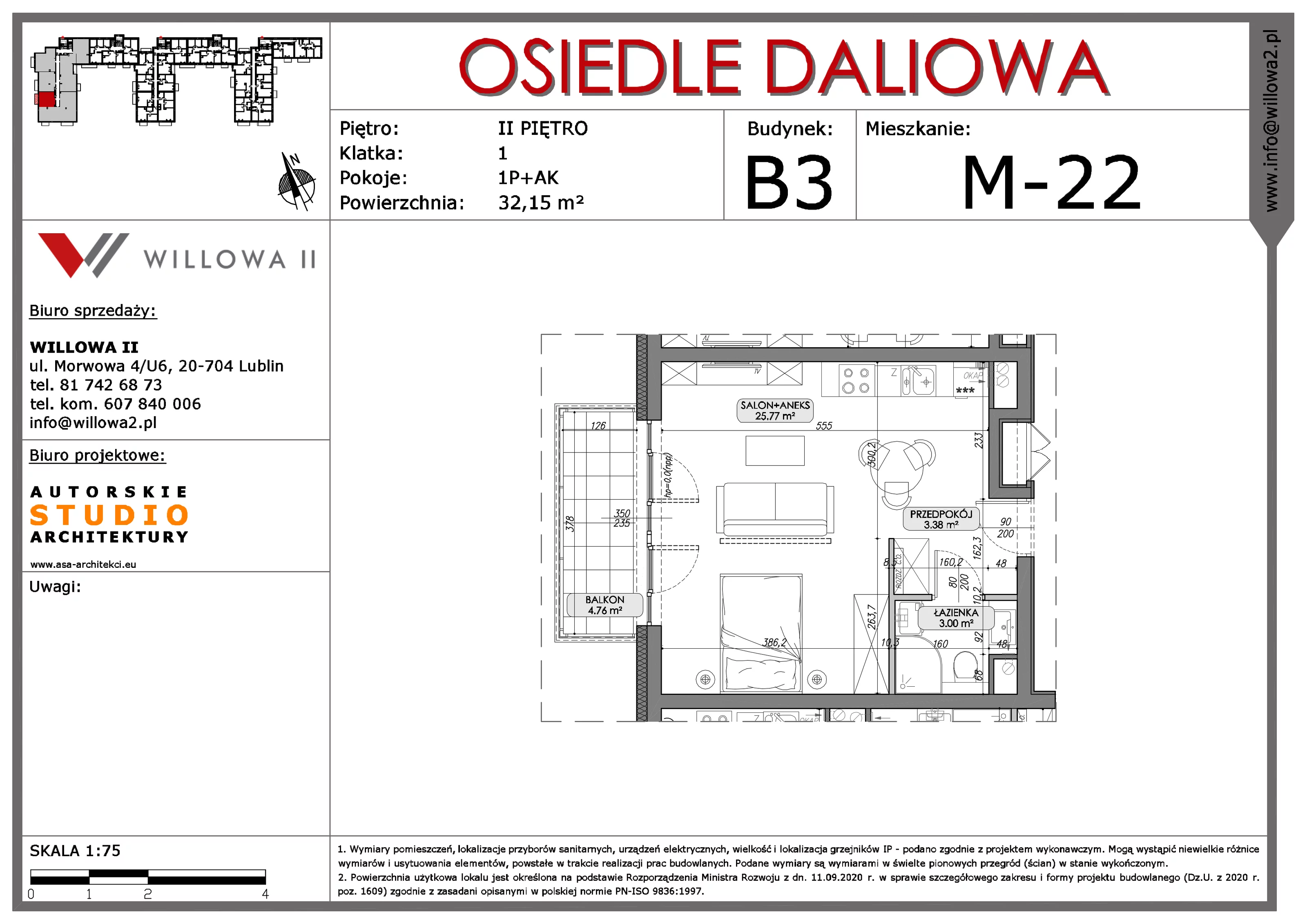 Mieszkanie 32,12 m², piętro 2, oferta nr 22, OSIEDLE DALIOWA, Lublin, Ponikwoda, ul. Daliowa