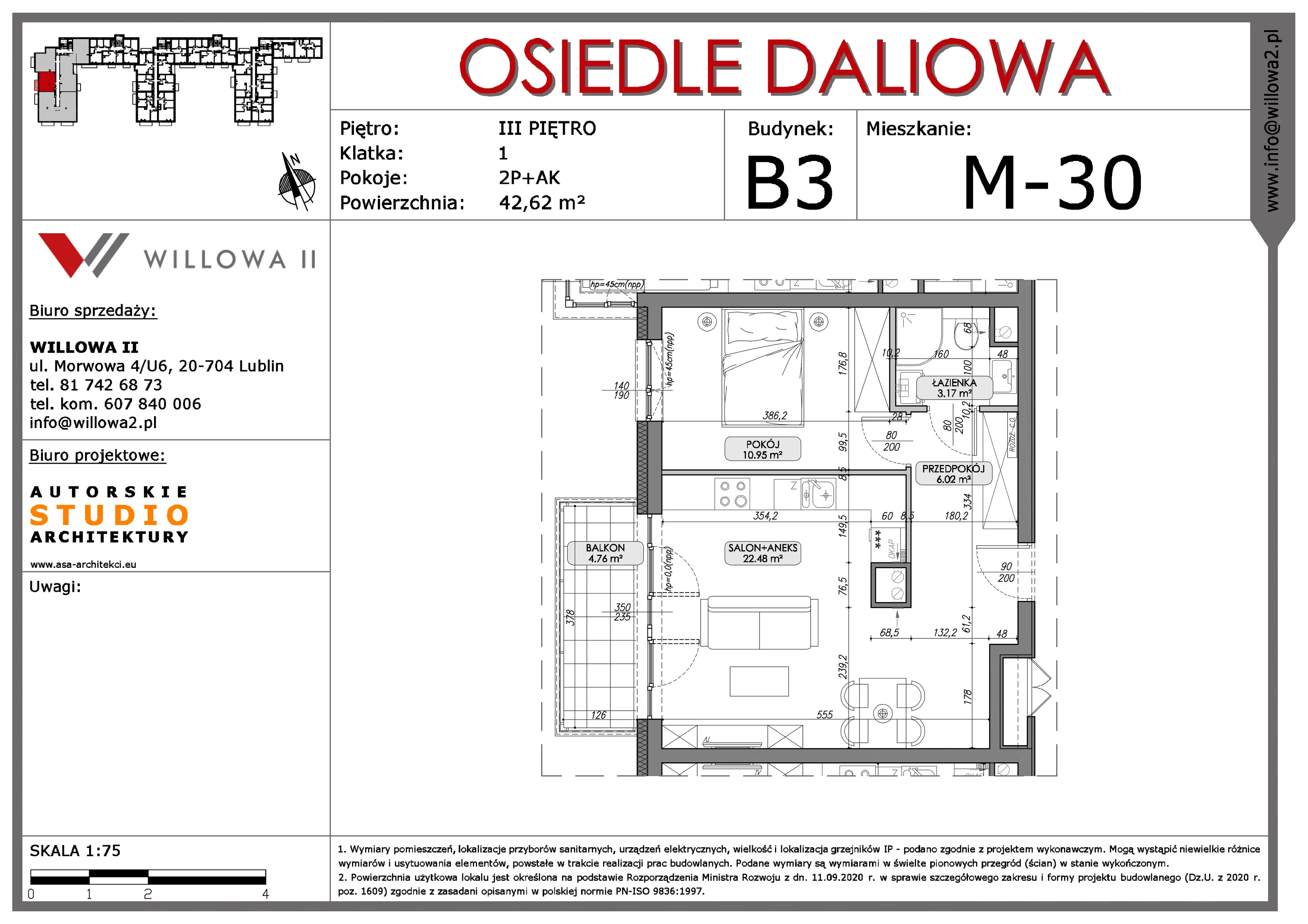 2 pokoje, mieszkanie 42,59 m², piętro 3, oferta nr 30, OSIEDLE DALIOWA, Lublin, Ponikwoda, ul. Daliowa