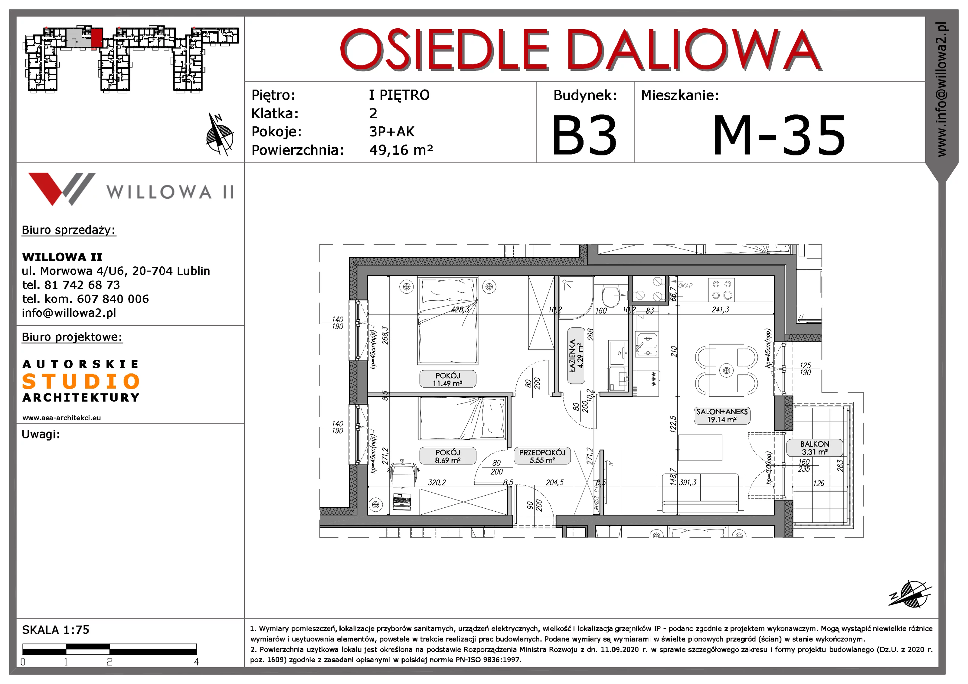 Mieszkanie 49,16 m², piętro 1, oferta nr 35, OSIEDLE DALIOWA, Lublin, Ponikwoda, ul. Daliowa