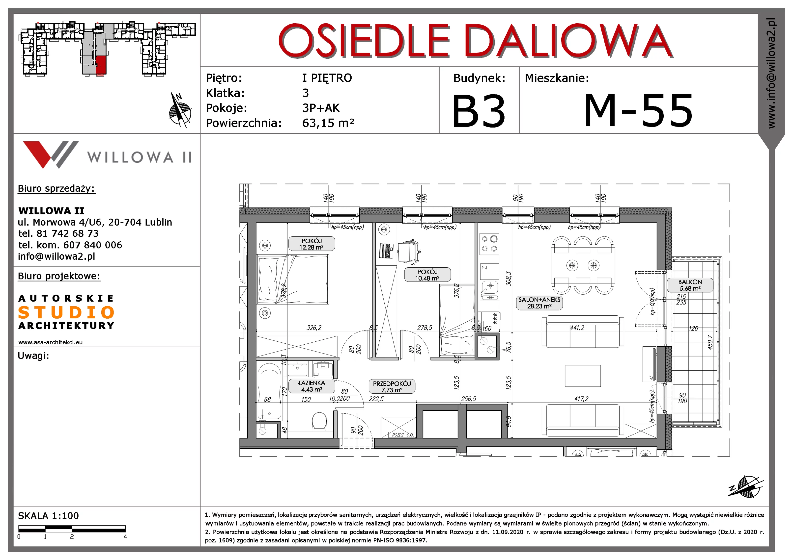 Mieszkanie 63,15 m², piętro 1, oferta nr 55, OSIEDLE DALIOWA, Lublin, Ponikwoda, ul. Daliowa