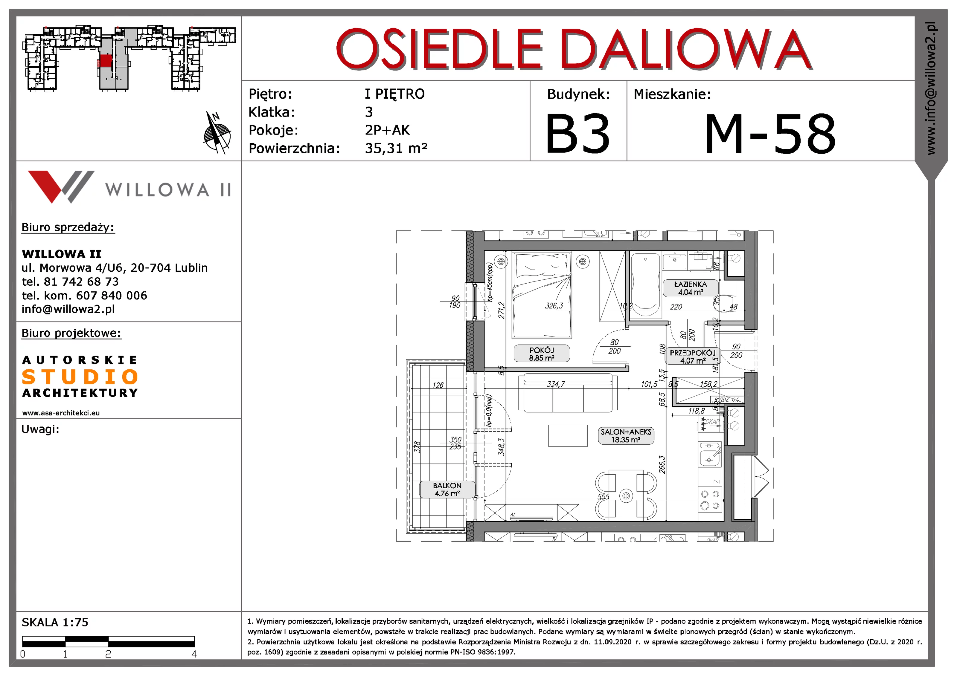 Mieszkanie 35,31 m², piętro 1, oferta nr 58, OSIEDLE DALIOWA, Lublin, Ponikwoda, ul. Daliowa