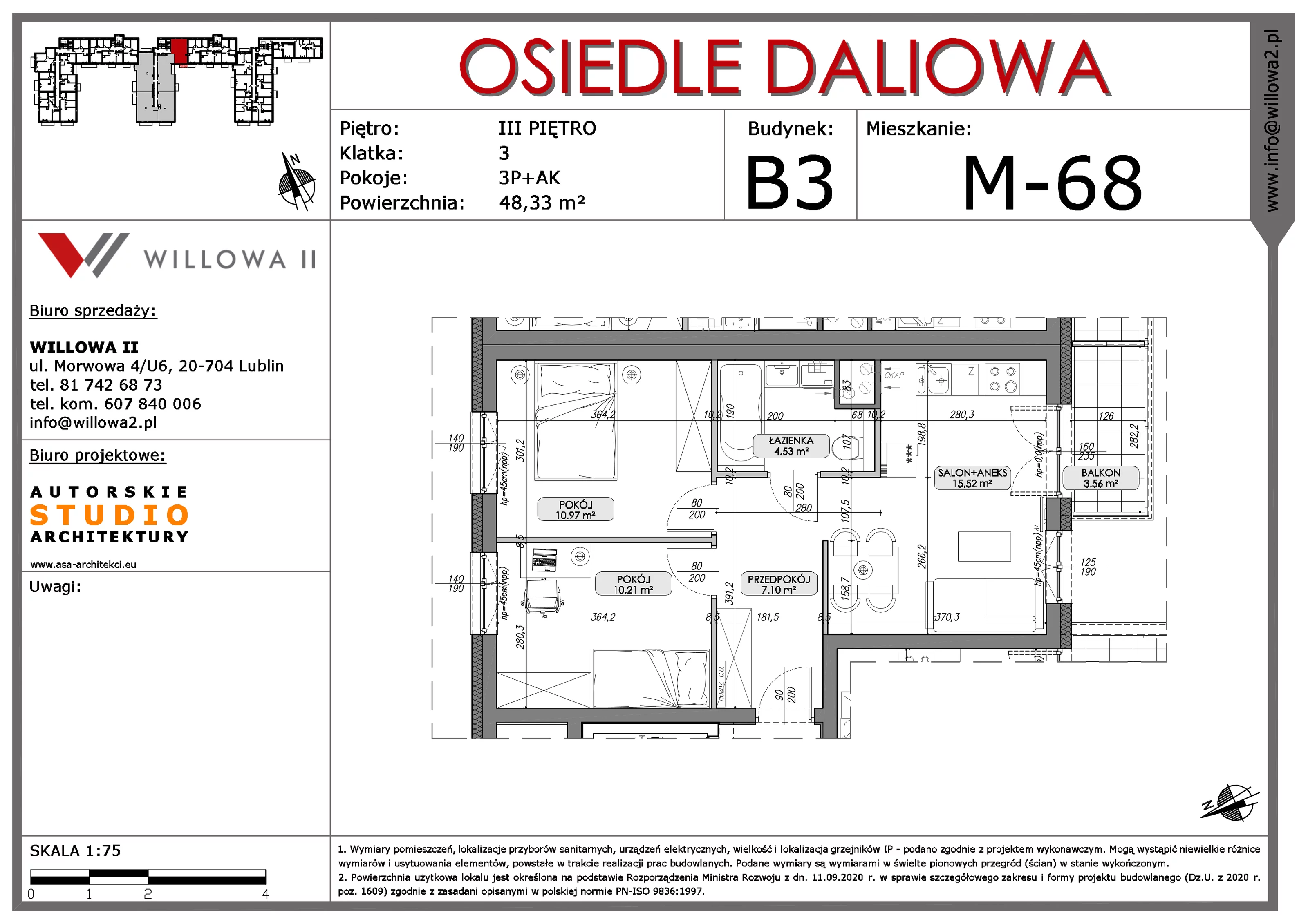 Mieszkanie 48,33 m², piętro 3, oferta nr 68, OSIEDLE DALIOWA, Lublin, Ponikwoda, ul. Daliowa