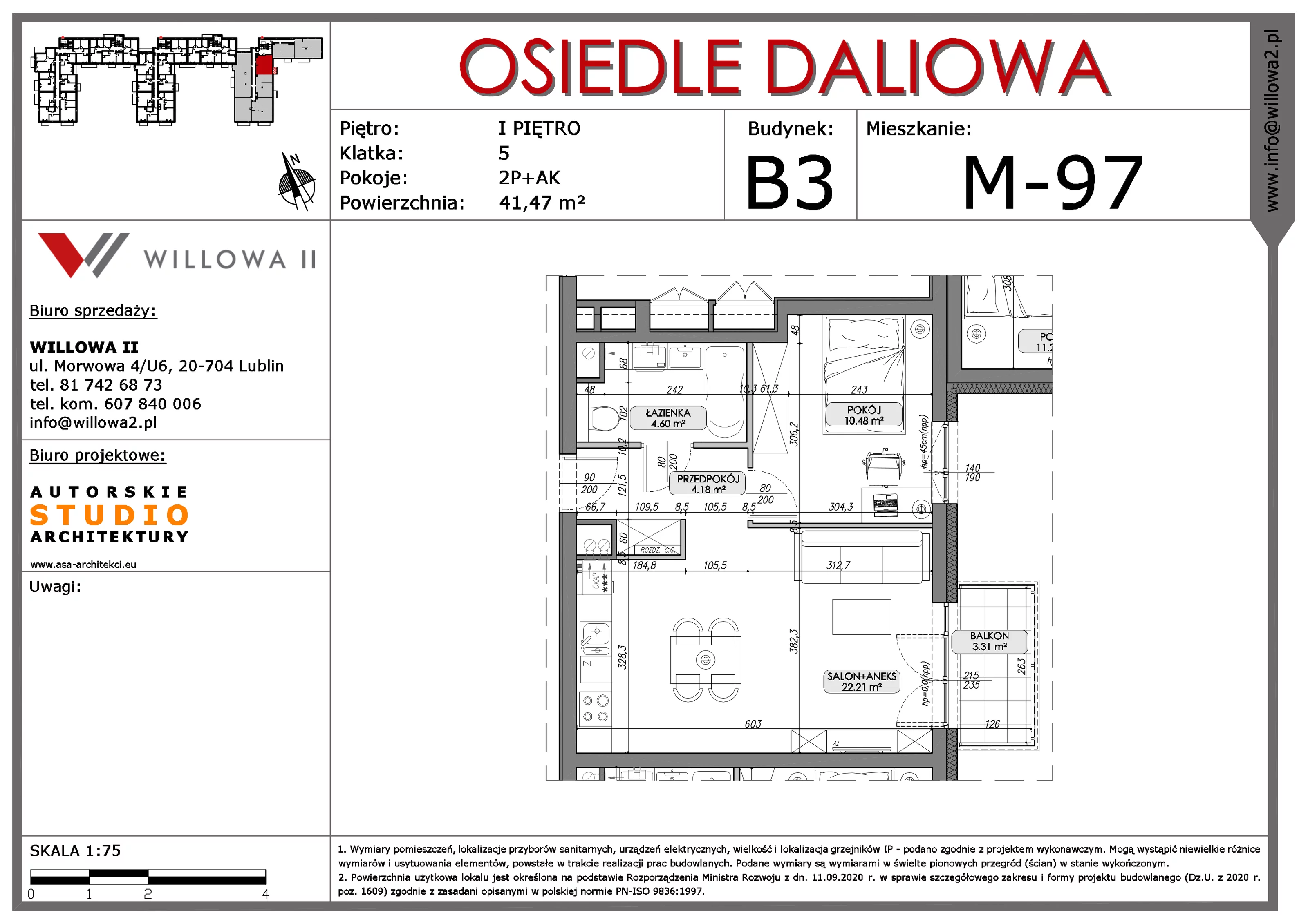 Mieszkanie 41,47 m², piętro 1, oferta nr 97, OSIEDLE DALIOWA, Lublin, Ponikwoda, ul. Daliowa