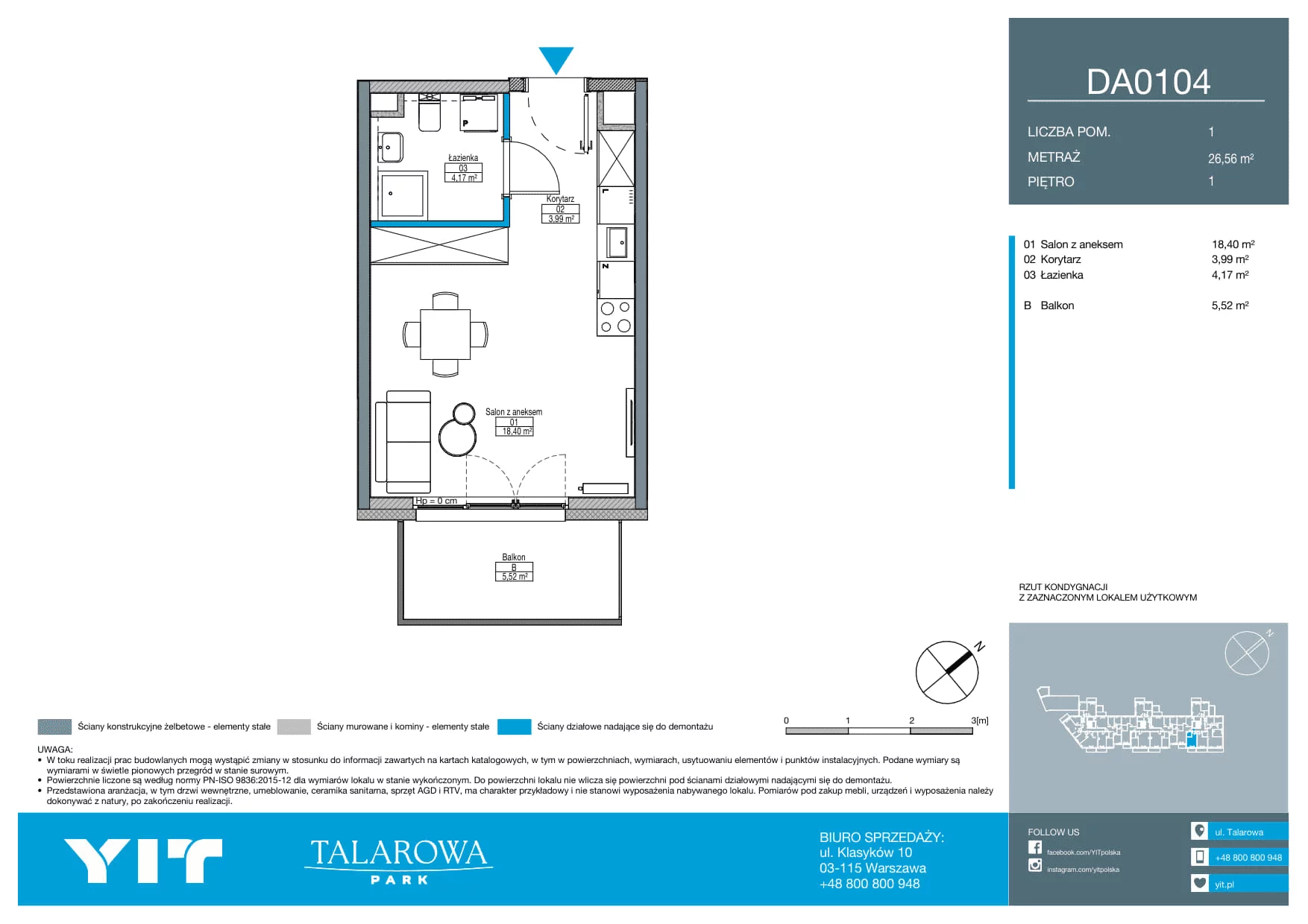 1 pokój, mieszkanie 26,56 m², piętro 1, oferta nr DA0104, Talarowa Park II, Warszawa, Białołęka, Tarchomin, ul. Talarowa