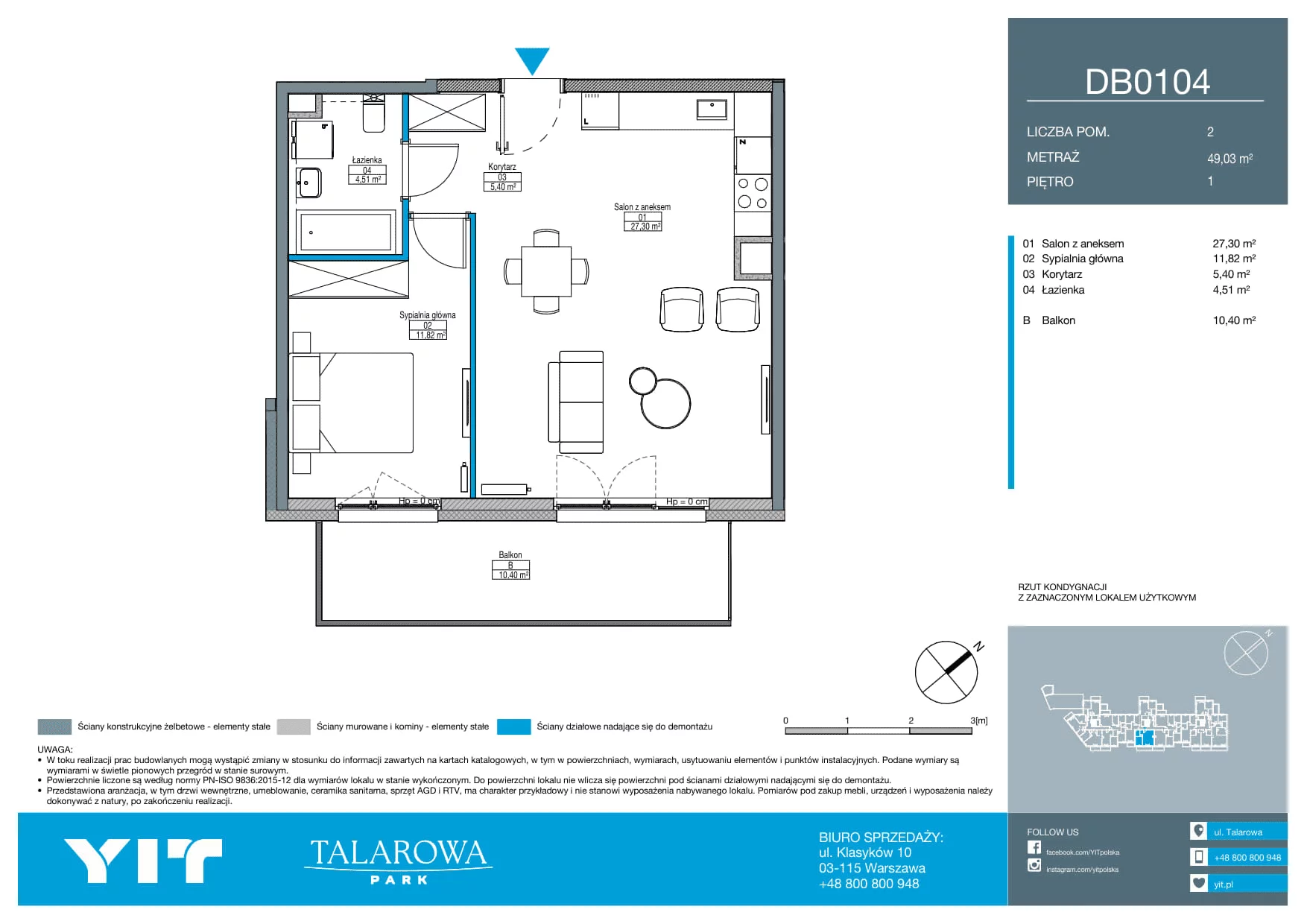 2 pokoje, mieszkanie 49,03 m², piętro 1, oferta nr DB0104, Talarowa Park II, Warszawa, Białołęka, Tarchomin, ul. Talarowa