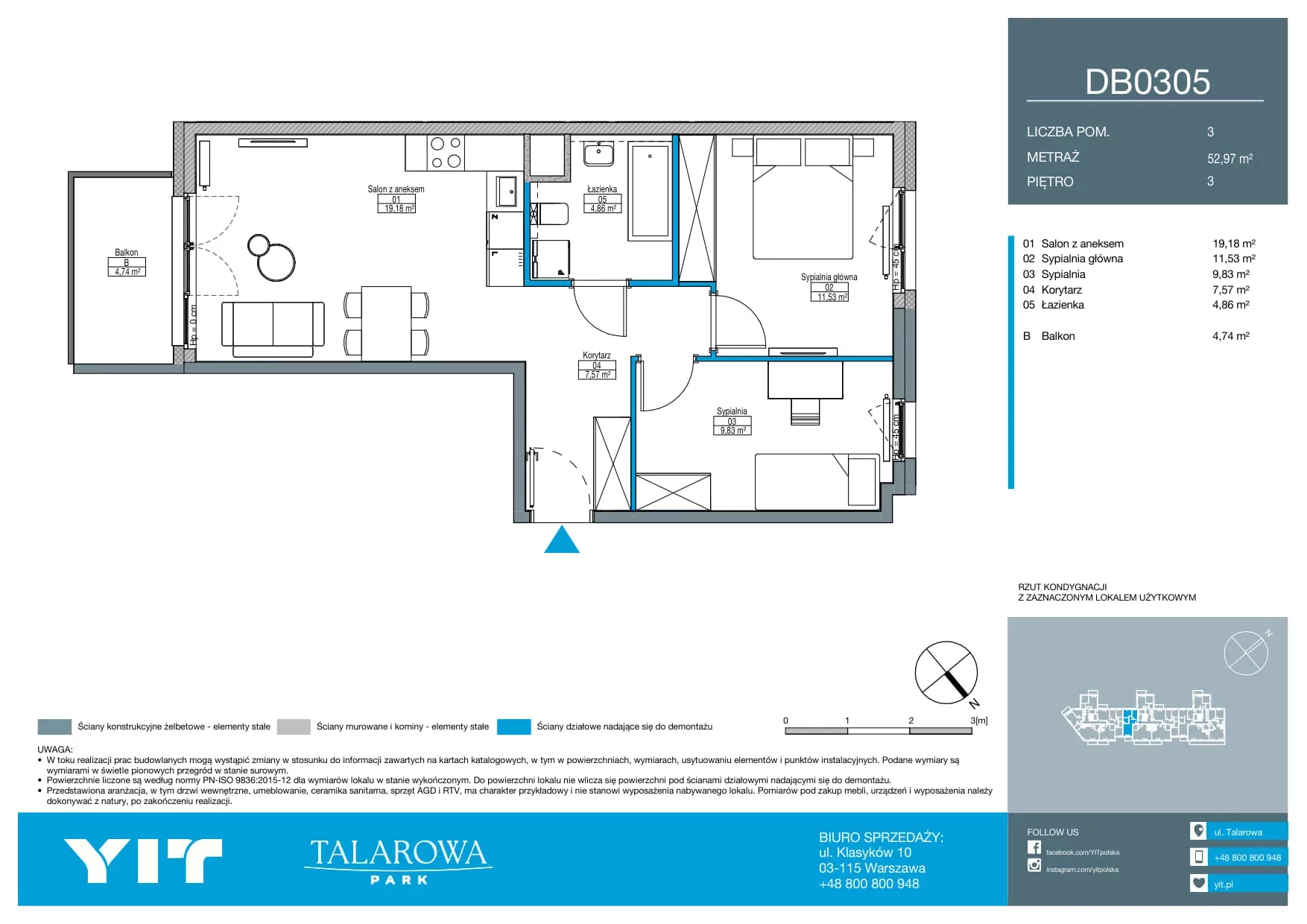3 pokoje, mieszkanie 52,97 m², piętro 3, oferta nr DB0305, Talarowa Park II, Warszawa, Białołęka, Tarchomin, ul. Talarowa