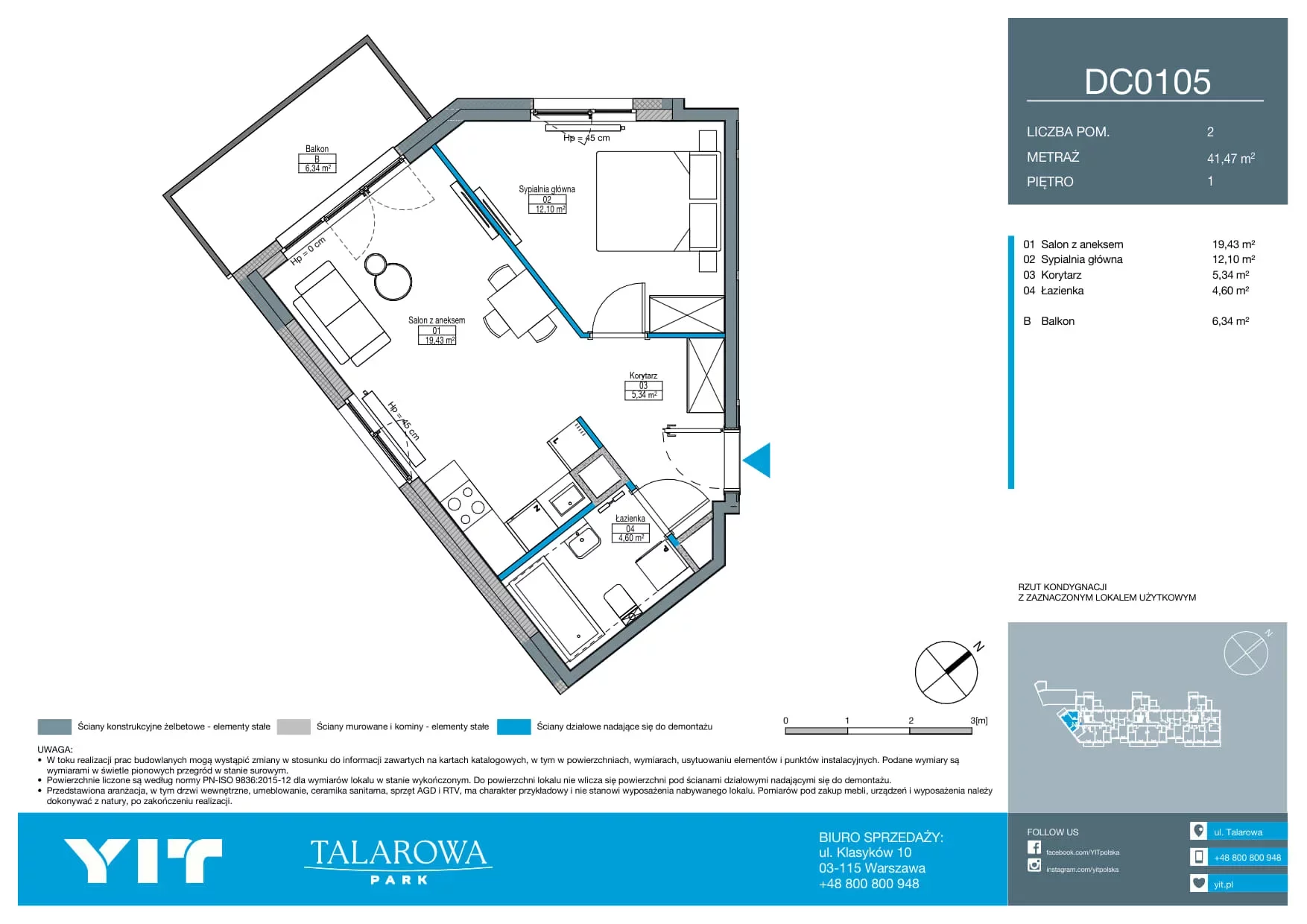 2 pokoje, mieszkanie 41,47 m², piętro 1, oferta nr DC0105, Talarowa Park II, Warszawa, Białołęka, Tarchomin, ul. Talarowa