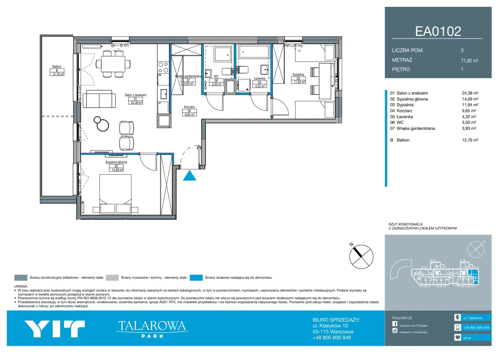 3 pokoje, mieszkanie 71,82 m², piętro 1, oferta nr EA0102, Talarowa Park II, Warszawa, Białołęka, Tarchomin, ul. Talarowa