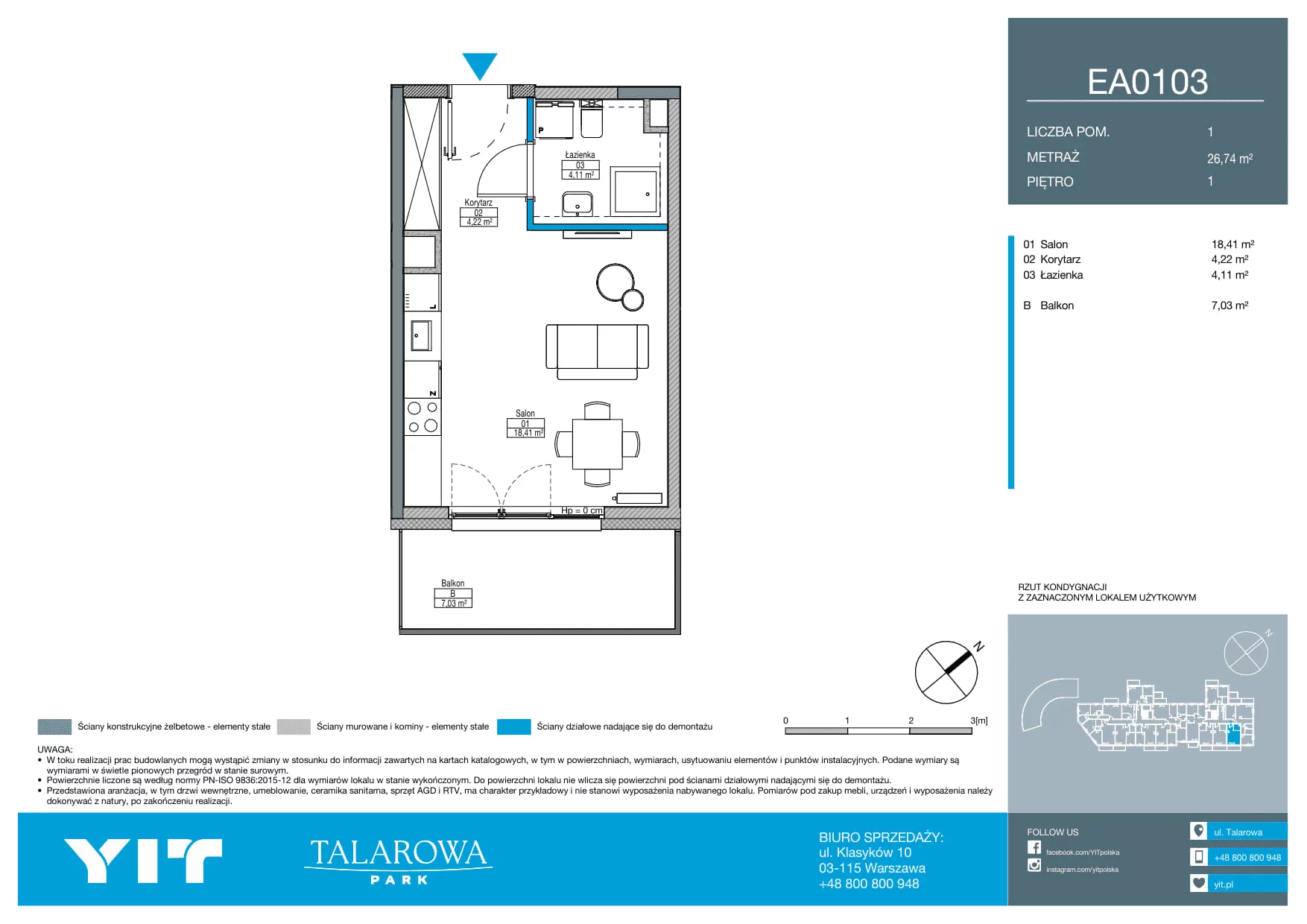 1 pokój, mieszkanie 26,74 m², piętro 1, oferta nr EA0103, Talarowa Park II, Warszawa, Białołęka, Tarchomin, ul. Talarowa
