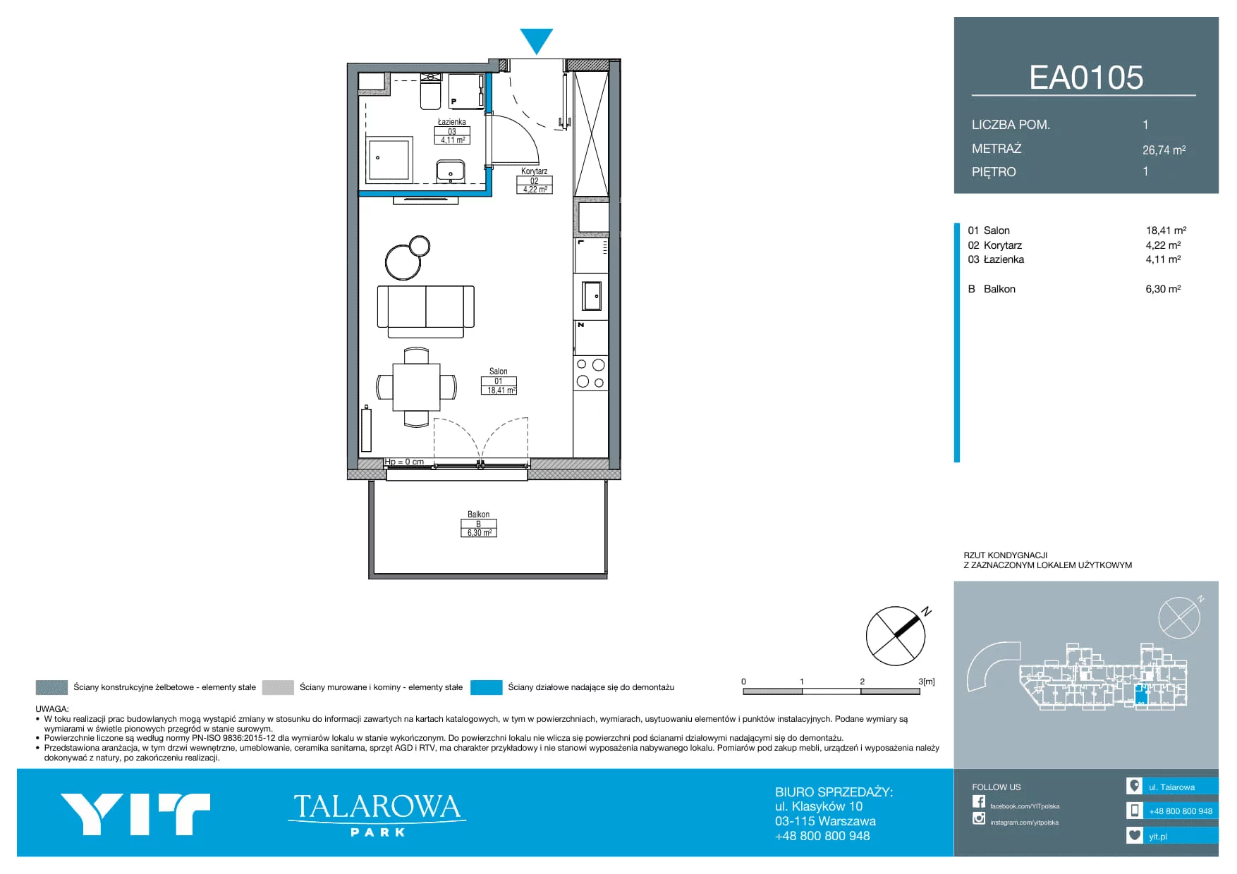 1 pokój, mieszkanie 26,74 m², piętro 1, oferta nr EA0105, Talarowa Park II, Warszawa, Białołęka, Tarchomin, ul. Talarowa