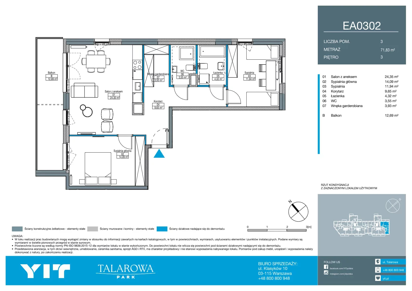 3 pokoje, mieszkanie 71,83 m², piętro 3, oferta nr EA0302, Talarowa Park II, Warszawa, Białołęka, Tarchomin, ul. Talarowa