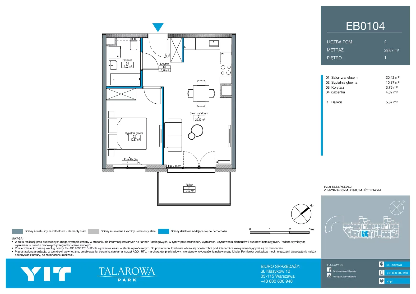 2 pokoje, mieszkanie 39,07 m², piętro 1, oferta nr EB0104, Talarowa Park II, Warszawa, Białołęka, Tarchomin, ul. Talarowa