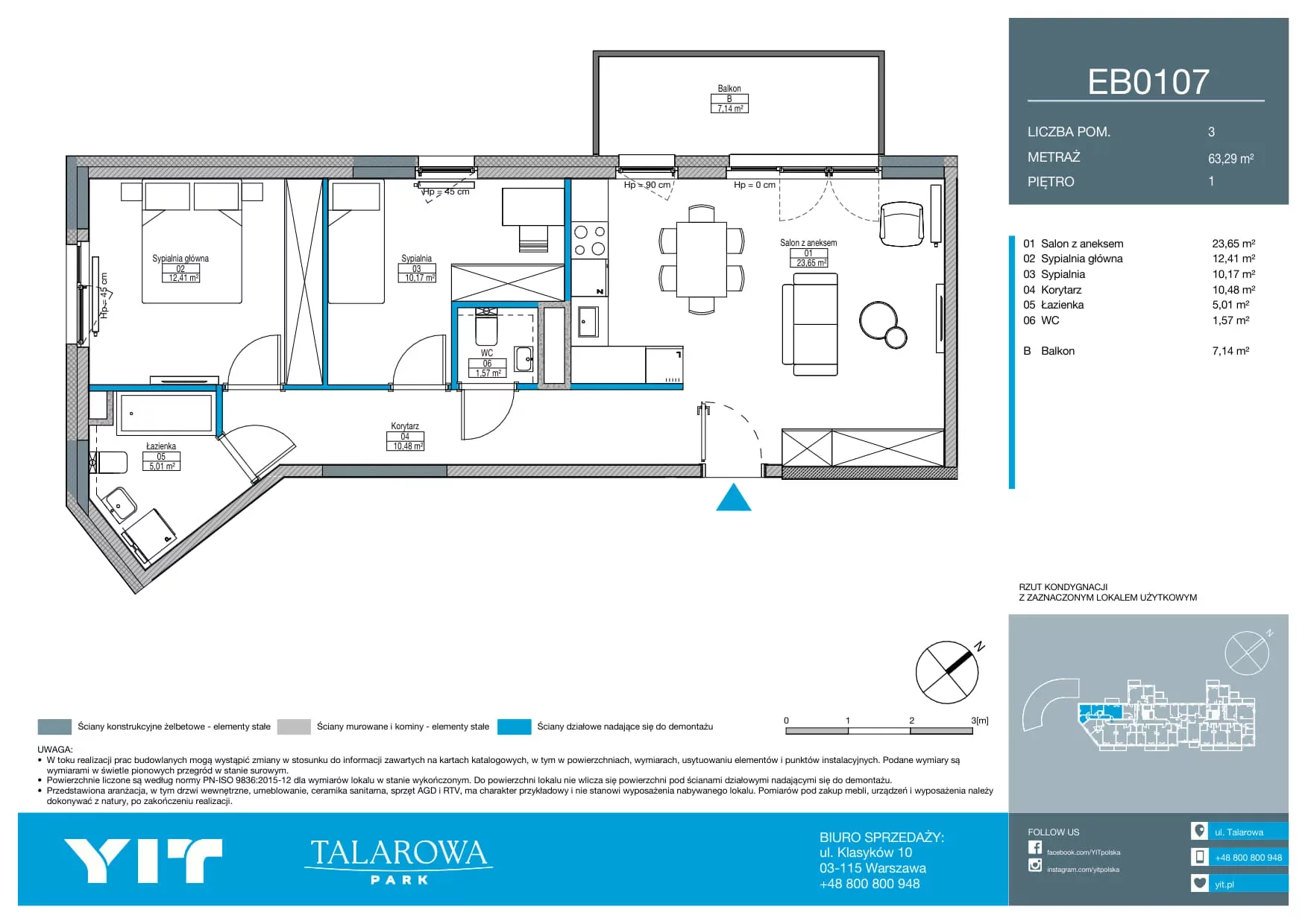 3 pokoje, mieszkanie 63,29 m², piętro 1, oferta nr EB0107, Talarowa Park II, Warszawa, Białołęka, Tarchomin, ul. Talarowa