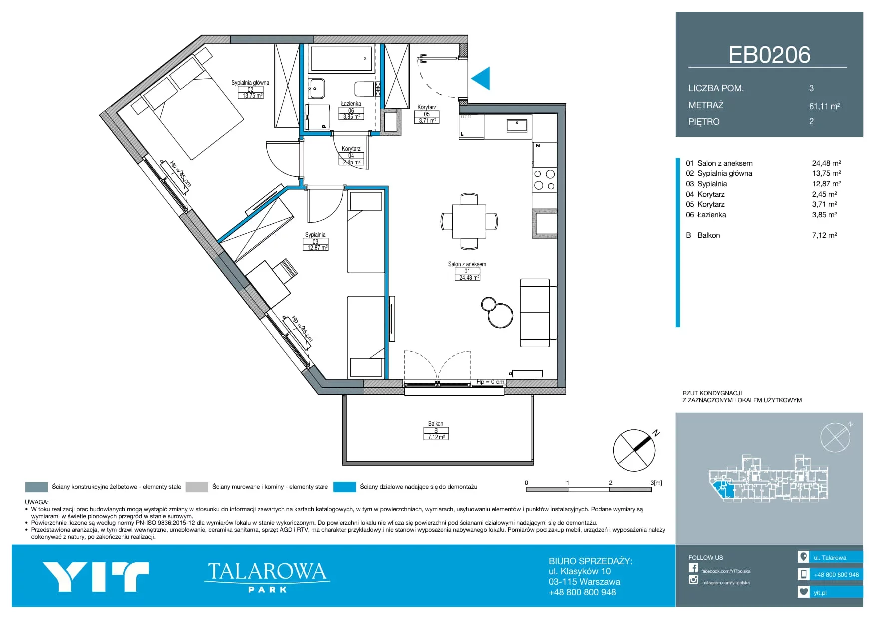 3 pokoje, mieszkanie 61,11 m², piętro 2, oferta nr EB0206, Talarowa Park II, Warszawa, Białołęka, Tarchomin, ul. Talarowa