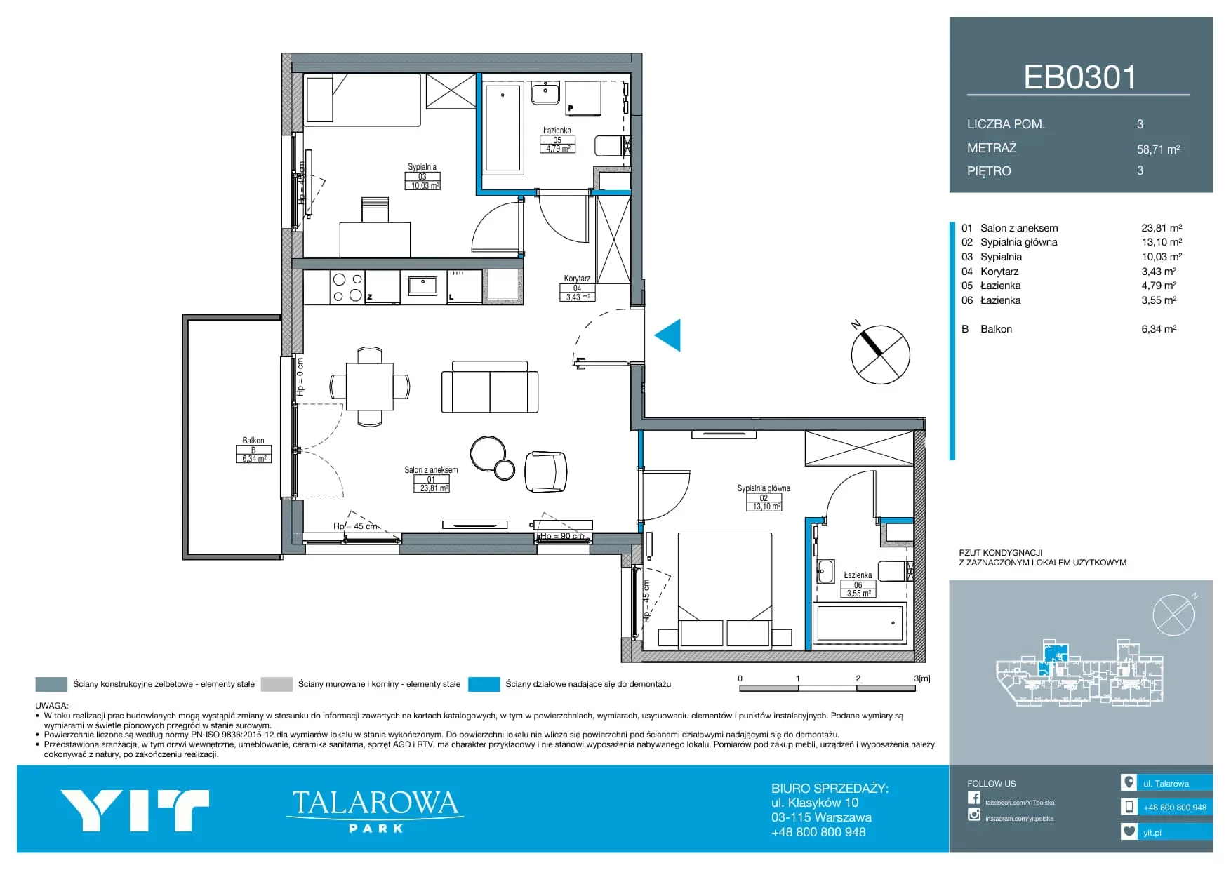 3 pokoje, mieszkanie 58,71 m², piętro 3, oferta nr EB0301, Talarowa Park II, Warszawa, Białołęka, Tarchomin, ul. Talarowa