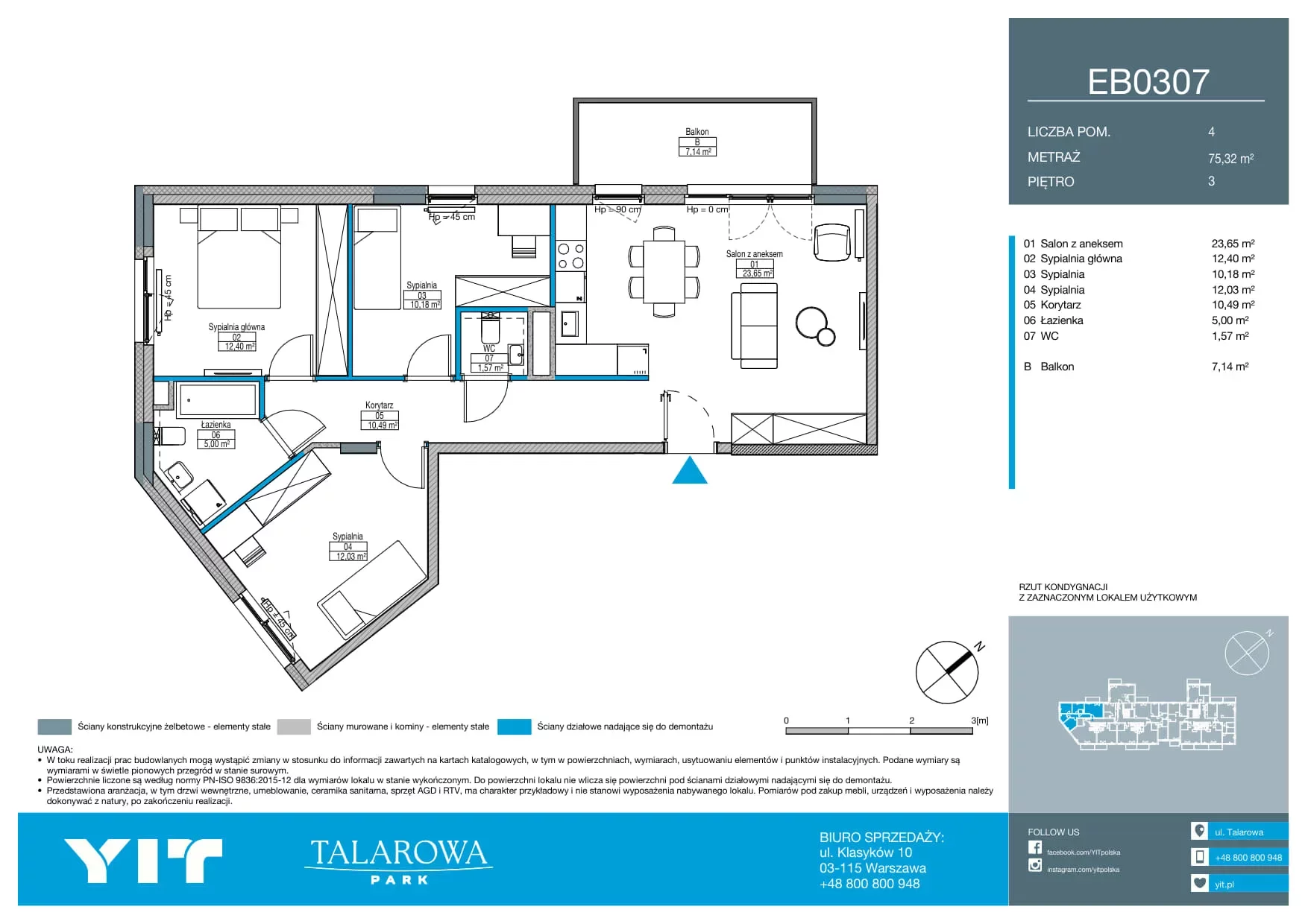 4 pokoje, mieszkanie 75,32 m², piętro 3, oferta nr EB0307, Talarowa Park II, Warszawa, Białołęka, Tarchomin, ul. Talarowa