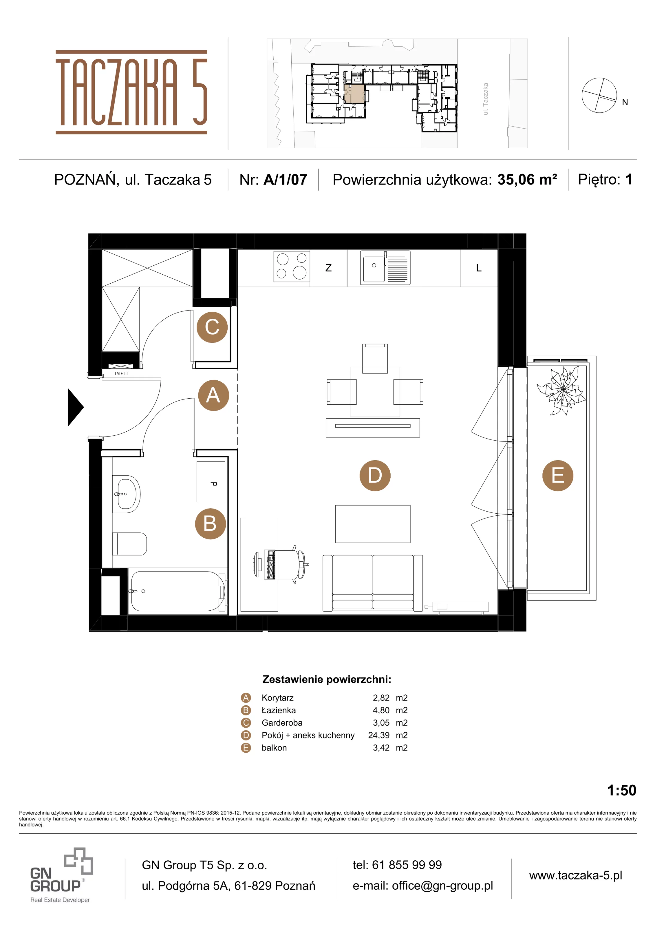 1 pokój, apartament 35,06 m², piętro 1, oferta nr A/1/07, Taczaka 5, Poznań, Stare Miasto, Stare Miasto, ul. Stanisława Taczaka 5