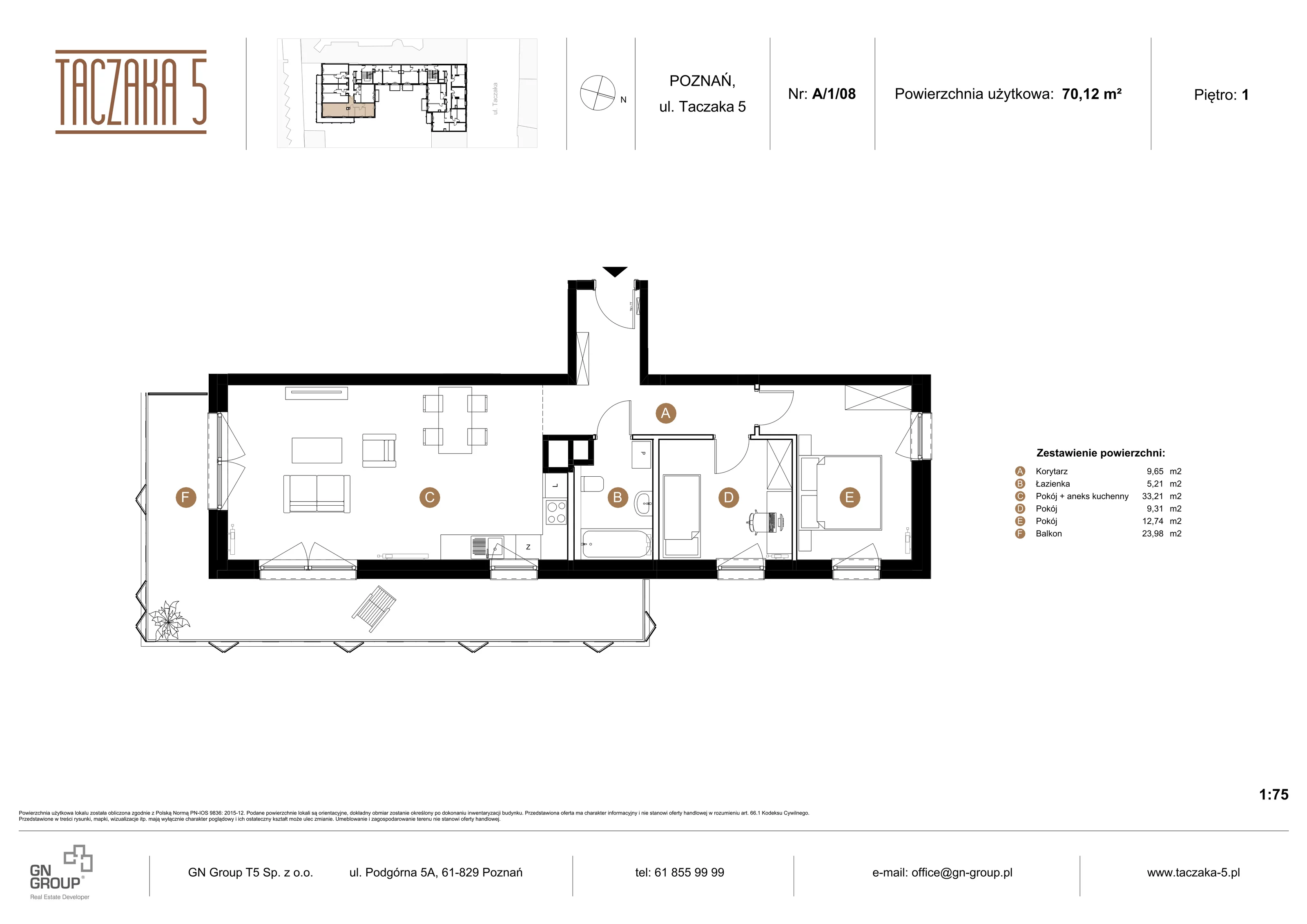 3 pokoje, apartament 70,12 m², piętro 1, oferta nr A/1/08, Taczaka 5, Poznań, Stare Miasto, Stare Miasto, ul. Stanisława Taczaka 5