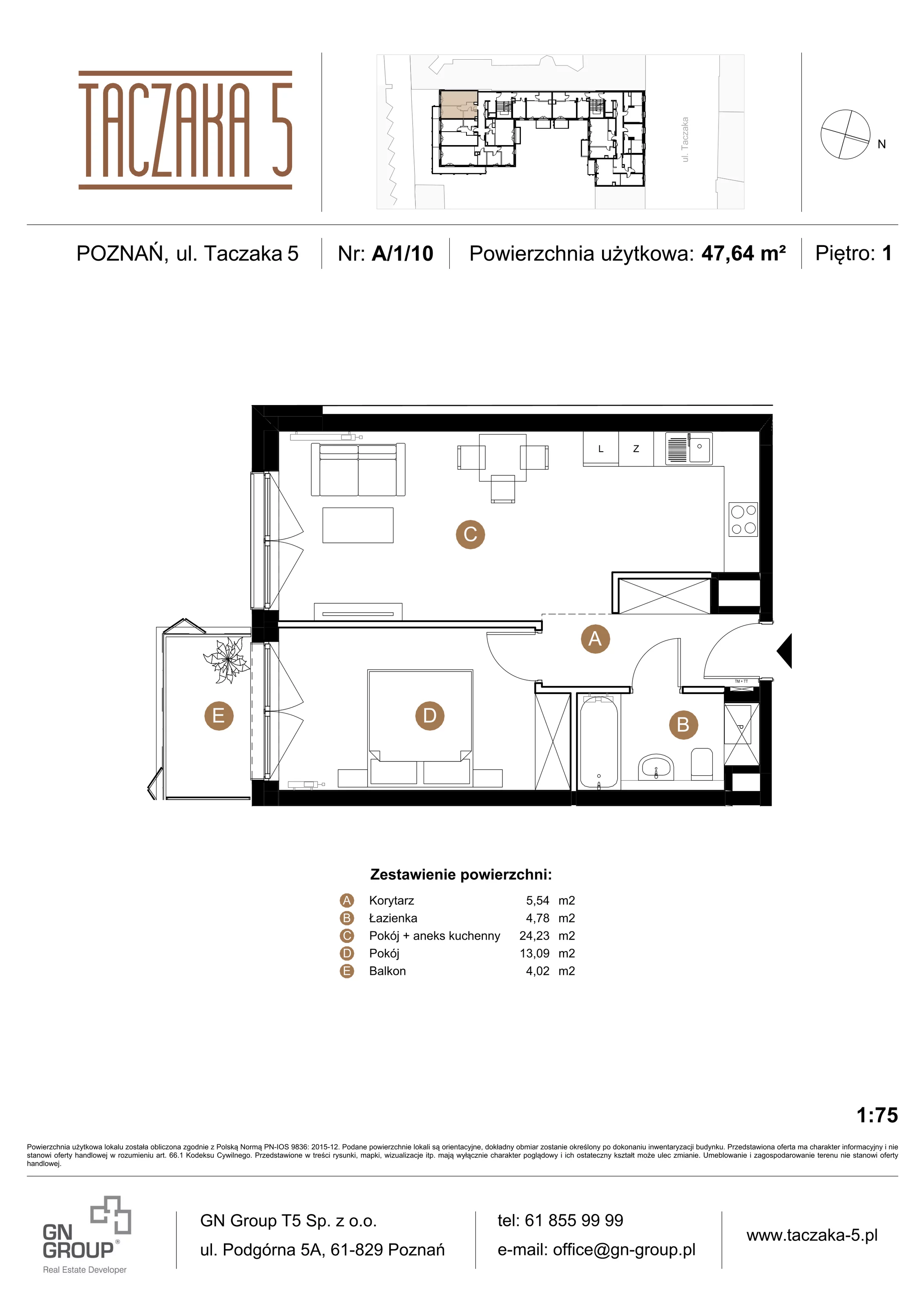 2 pokoje, apartament 47,64 m², piętro 1, oferta nr A/1/10, Taczaka 5, Poznań, Stare Miasto, Stare Miasto, ul. Stanisława Taczaka 5