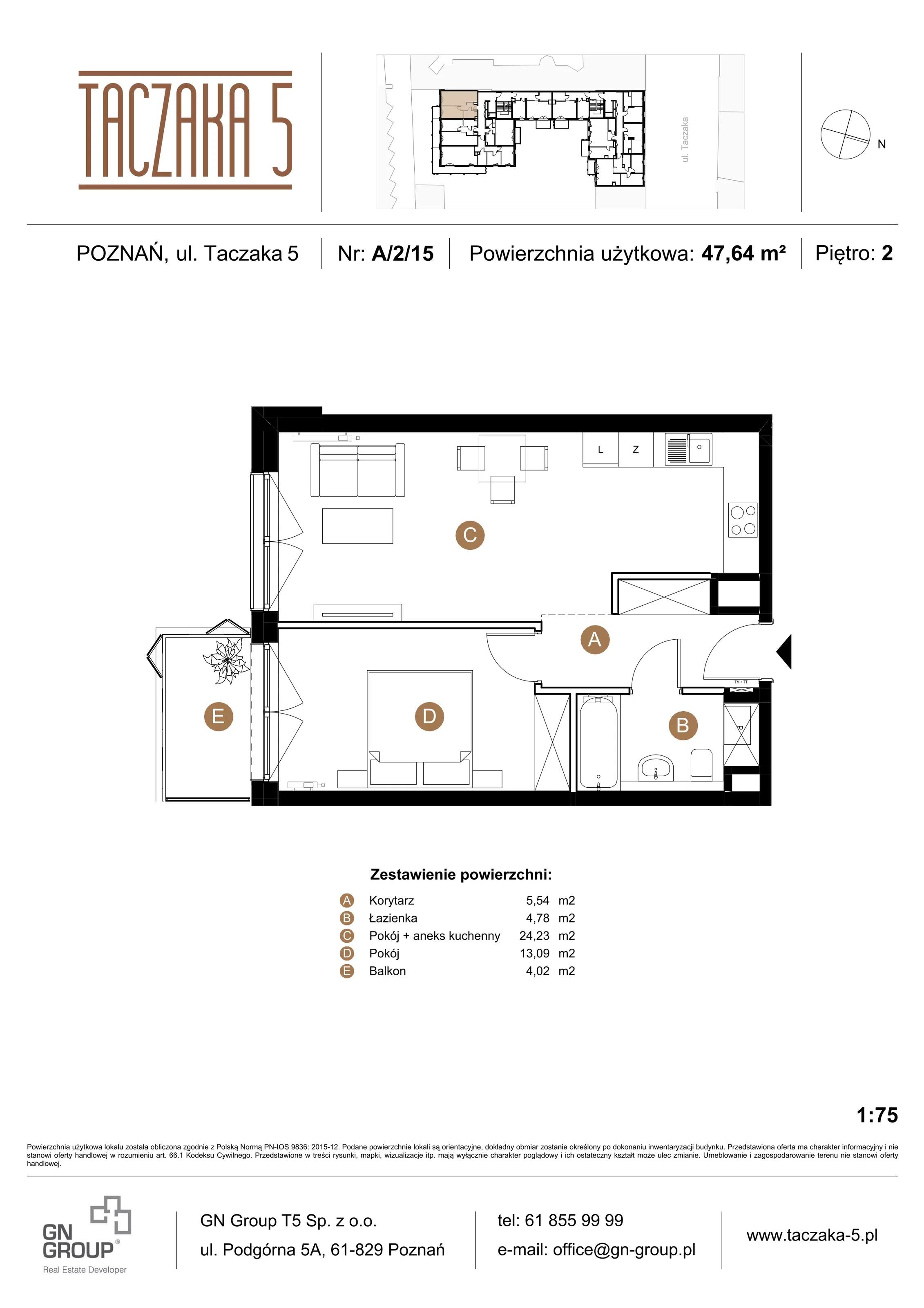 Apartament 47,64 m², piętro 2, oferta nr A/2/15, Taczaka 5, Poznań, Stare Miasto, Stare Miasto, ul. Stanisława Taczaka 5