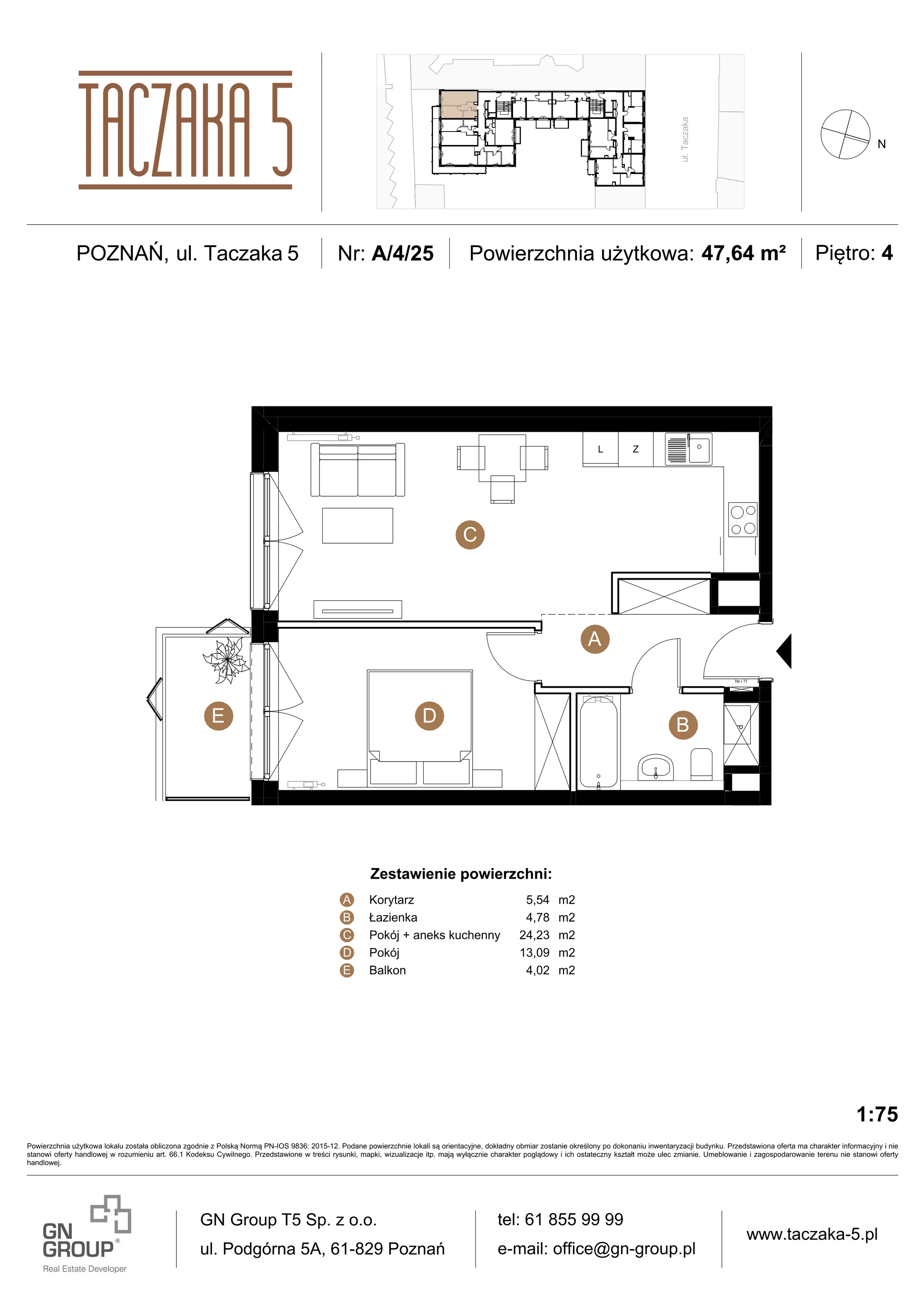 Apartament 47,64 m², piętro 4, oferta nr A/4/25, Taczaka 5, Poznań, Stare Miasto, Stare Miasto, ul. Stanisława Taczaka 5