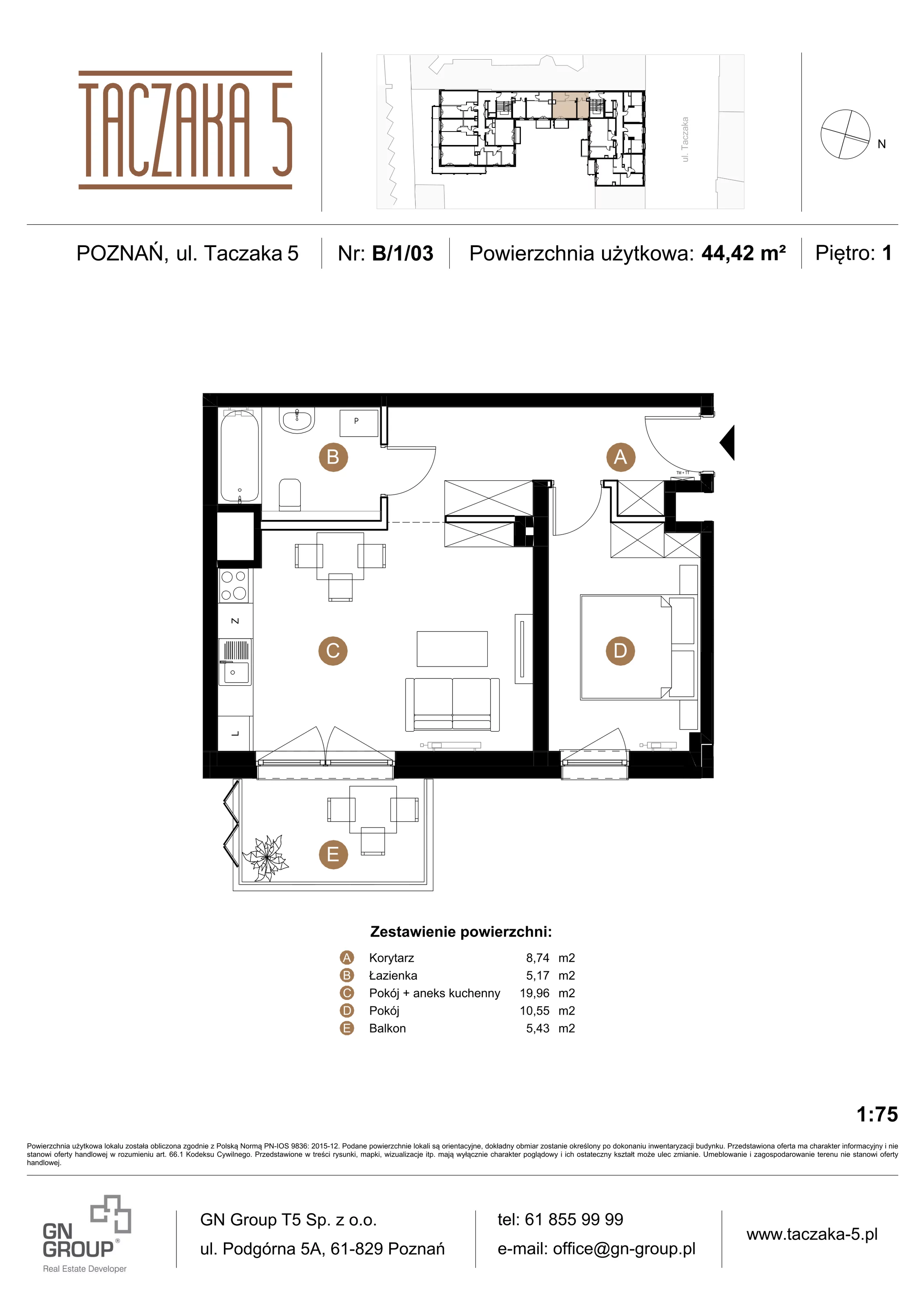 2 pokoje, apartament 44,42 m², piętro 1, oferta nr B/1/03, Taczaka 5, Poznań, Stare Miasto, Stare Miasto, ul. Stanisława Taczaka 5