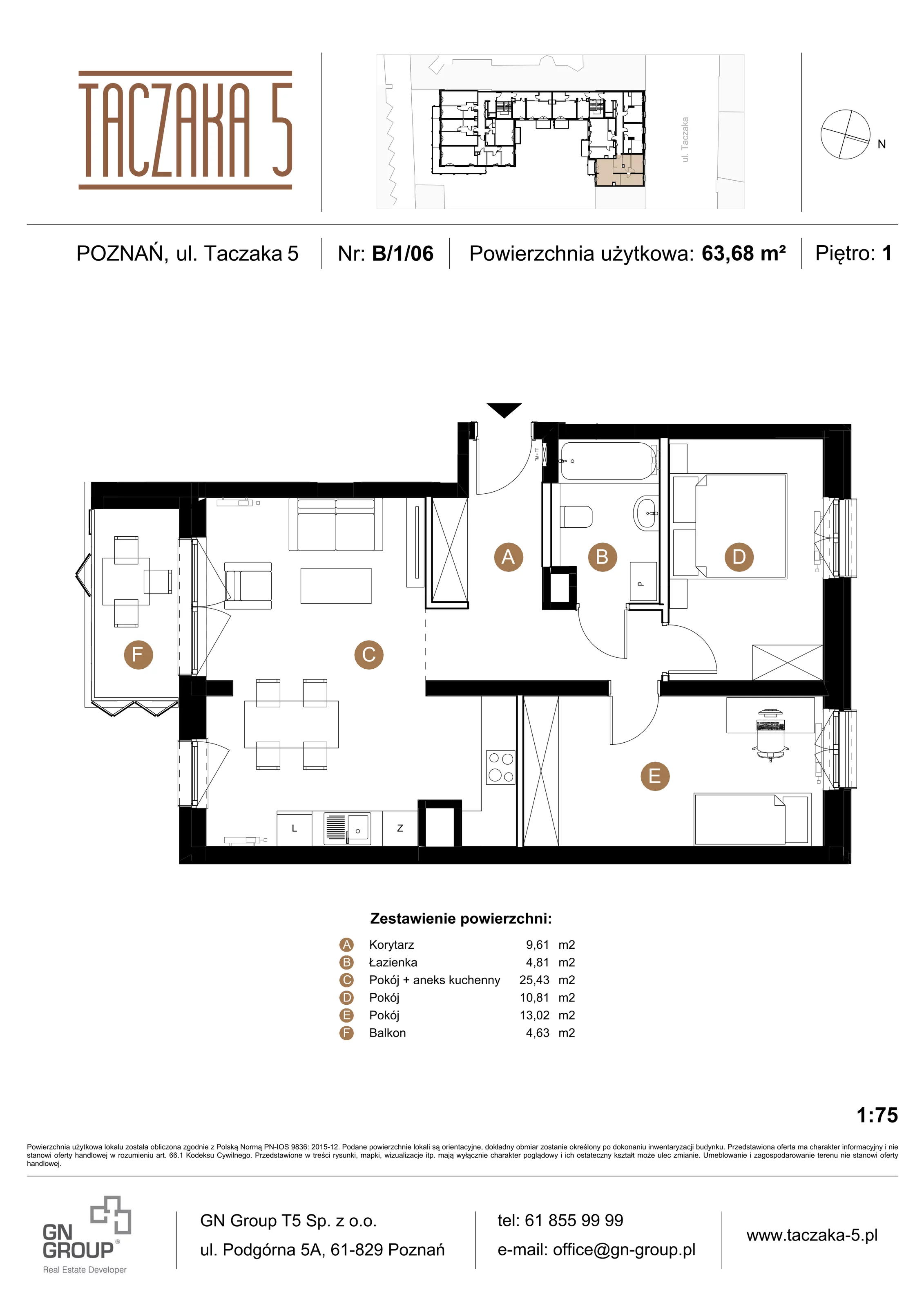 3 pokoje, apartament 63,68 m², piętro 1, oferta nr B/1/06, Taczaka 5, Poznań, Stare Miasto, Stare Miasto, ul. Stanisława Taczaka 5
