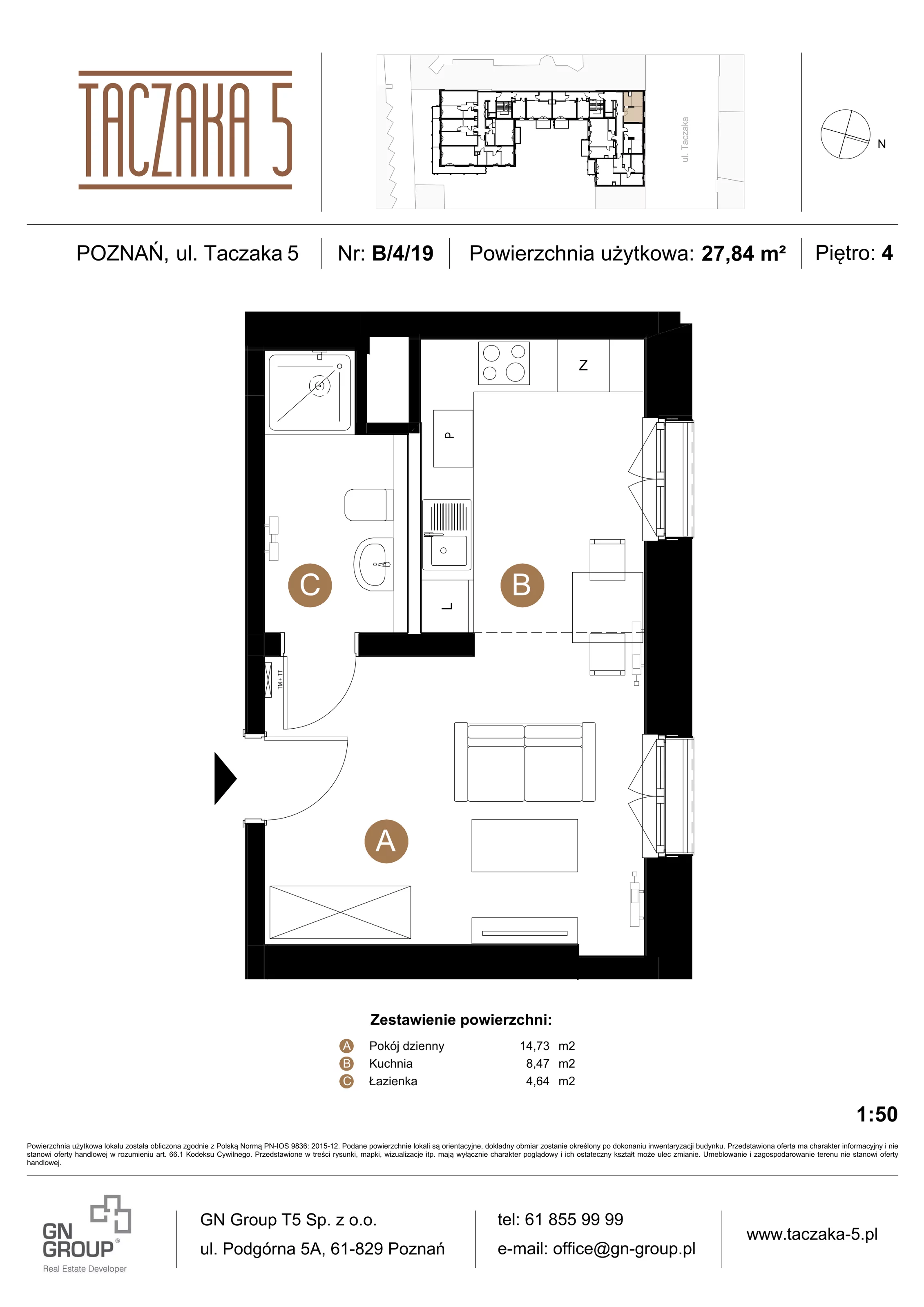 Apartament 27,84 m², piętro 4, oferta nr B/4/19, Taczaka 5, Poznań, Stare Miasto, Stare Miasto, ul. Stanisława Taczaka 5