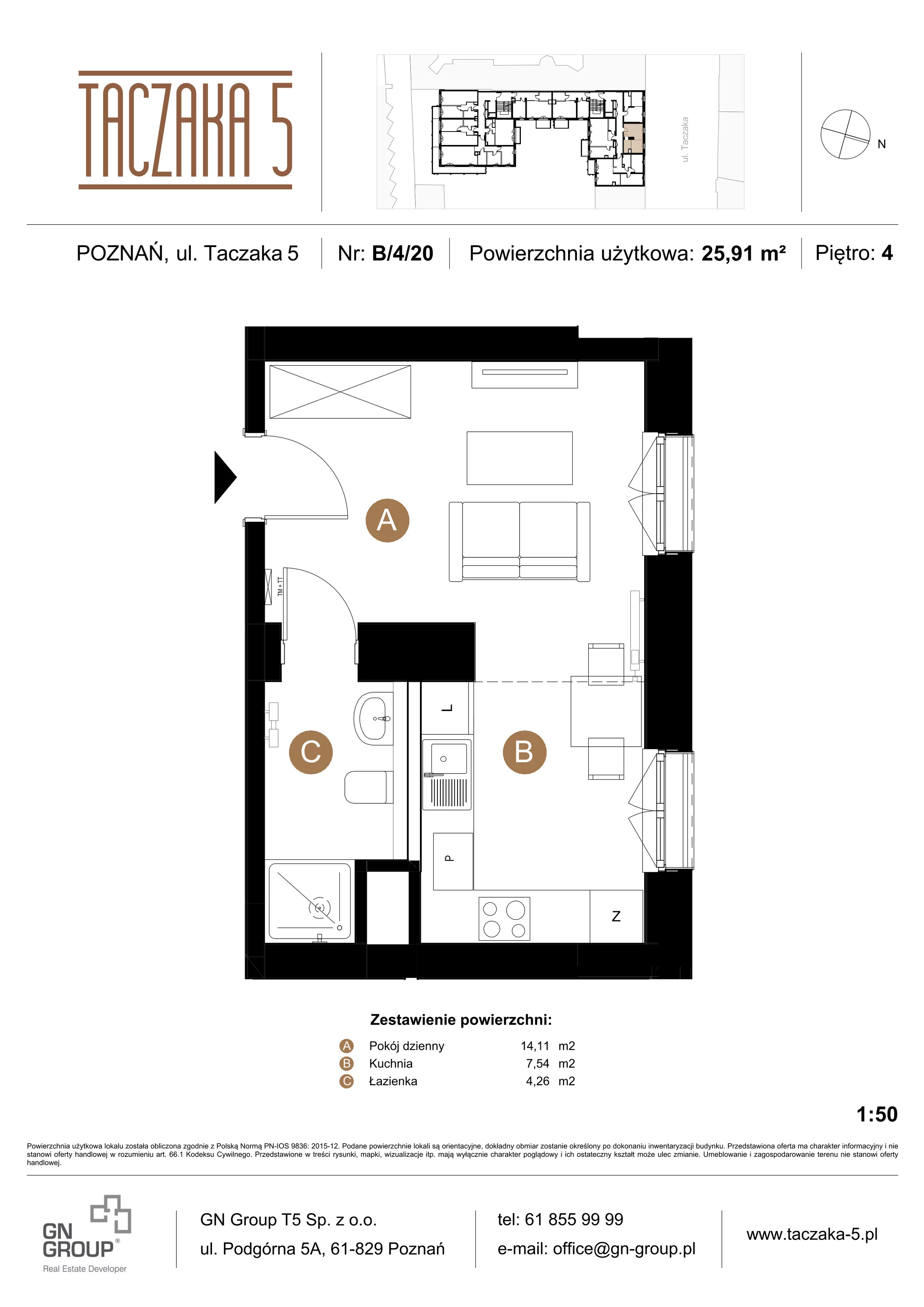 Apartament 25,91 m², piętro 4, oferta nr B/4/20, Taczaka 5, Poznań, Stare Miasto, Stare Miasto, ul. Stanisława Taczaka 5