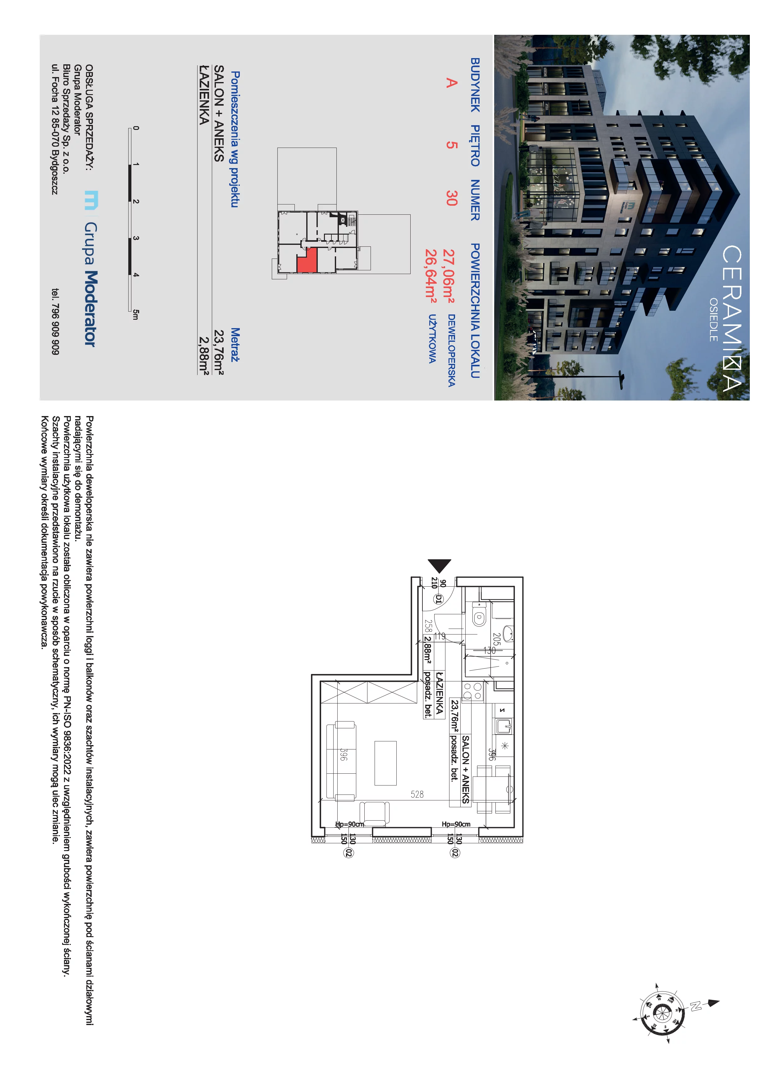1 pokój, mieszkanie 26,64 m², piętro 5, oferta nr 30, Ceramika, Bydgoszcz, Bartodzieje, ul. Fordońska 19