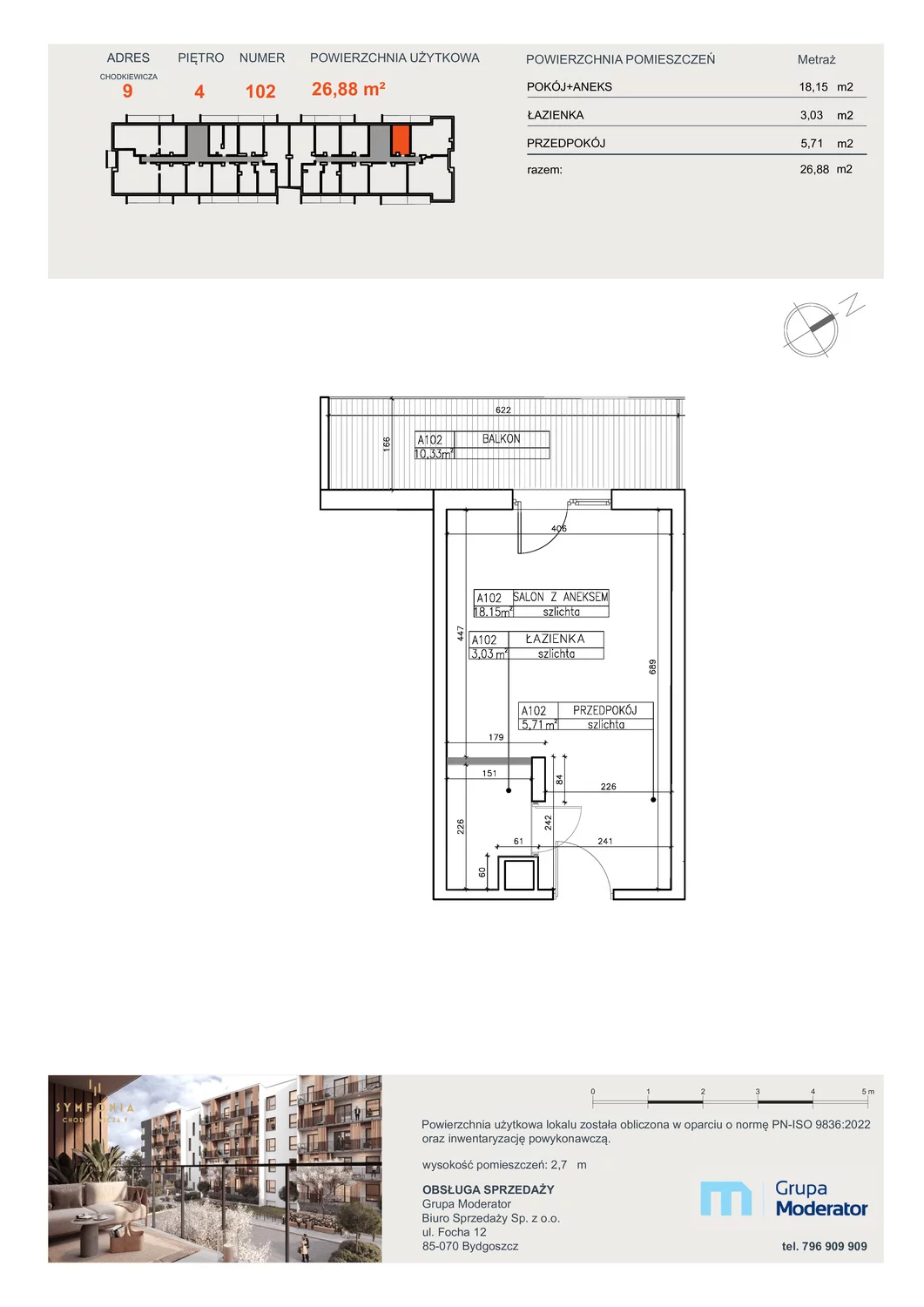 Apartament 26,88 m², piętro 4, oferta nr A102, Osiedle Symfonia, Bydgoszcz, Bielawy, ul. Jana Karola Chodkiewicza 9