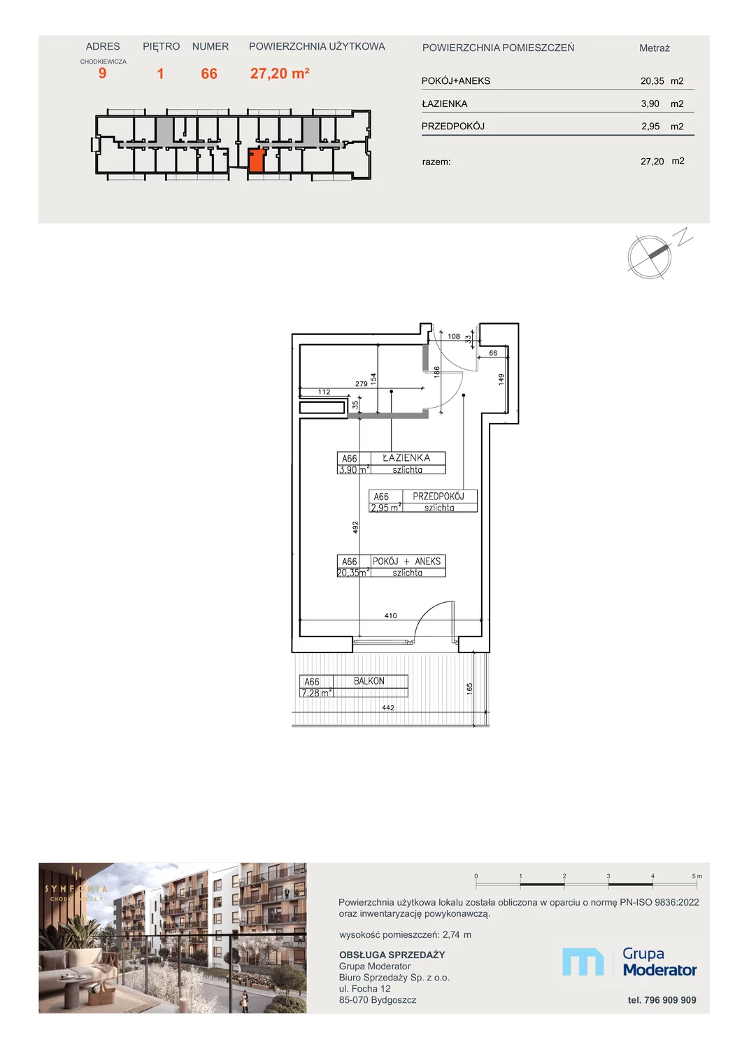 Apartament 27,20 m², piętro 1, oferta nr A66, Osiedle Symfonia, Bydgoszcz, Bielawy, ul. Jana Karola Chodkiewicza 9