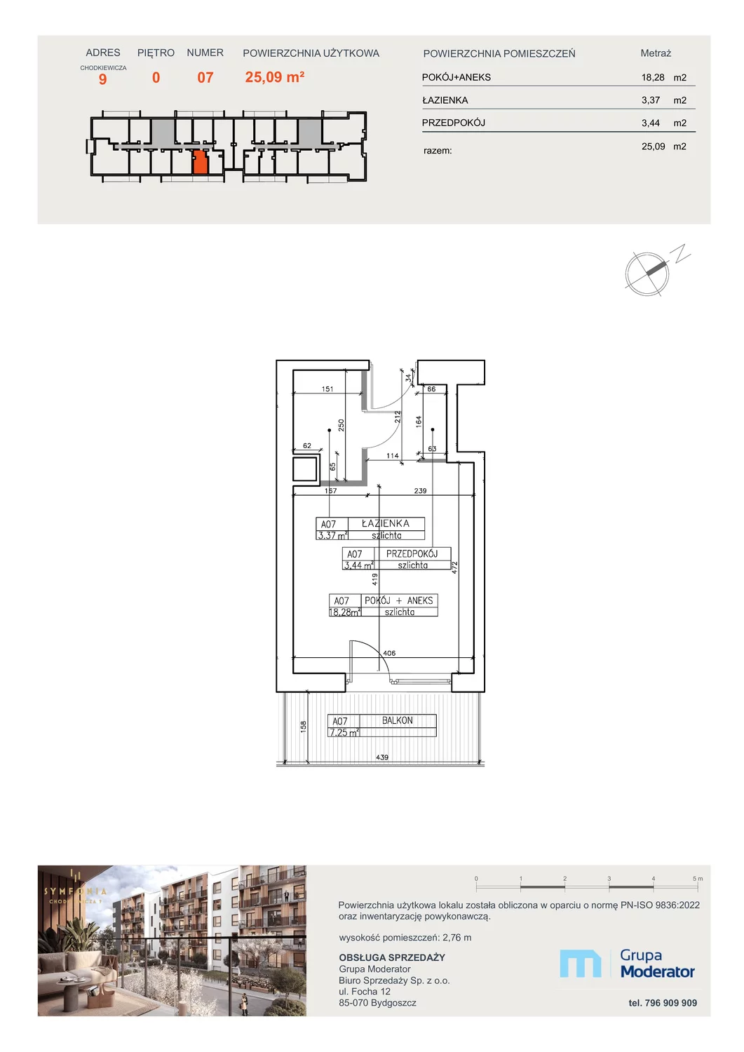 1 pokój, mieszkanie 25,09 m², parter, oferta nr A7, Osiedle Symfonia, Bydgoszcz, Bielawy, ul. Jana Karola Chodkiewicza 9